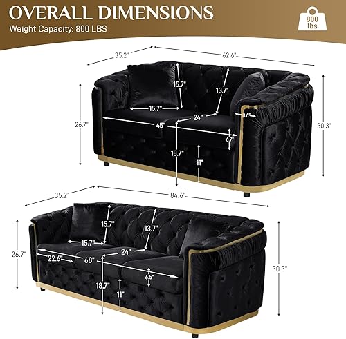 Miniatura 2 de Juego de sofá de terciopelo de lujo, sofá negro y dorado, moderno de mediados de siglo, sofás Chesterfield copetudos y patas doradas, juego de 2