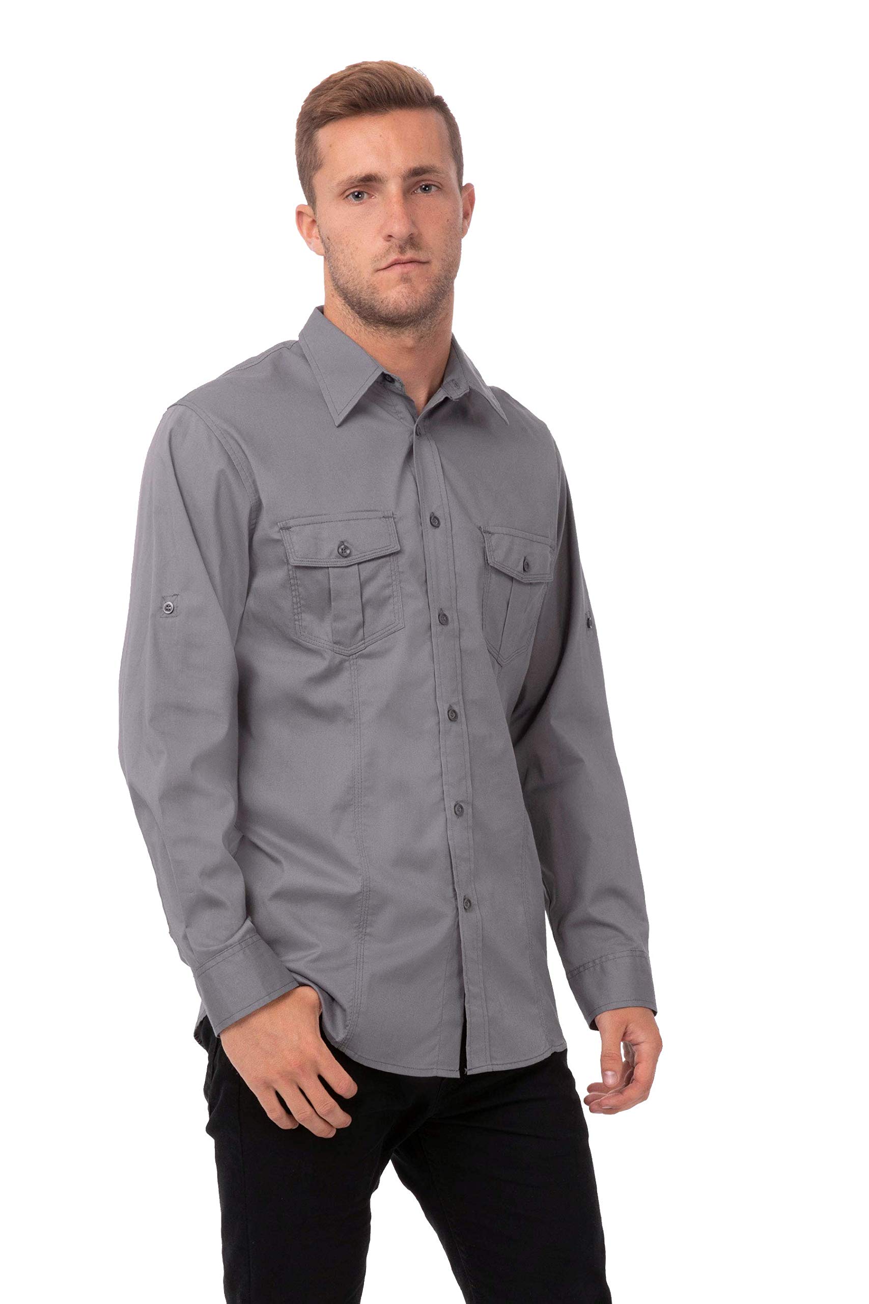 Chef Works Custom Embroidered Mens Pilot Shirt, Grey, S