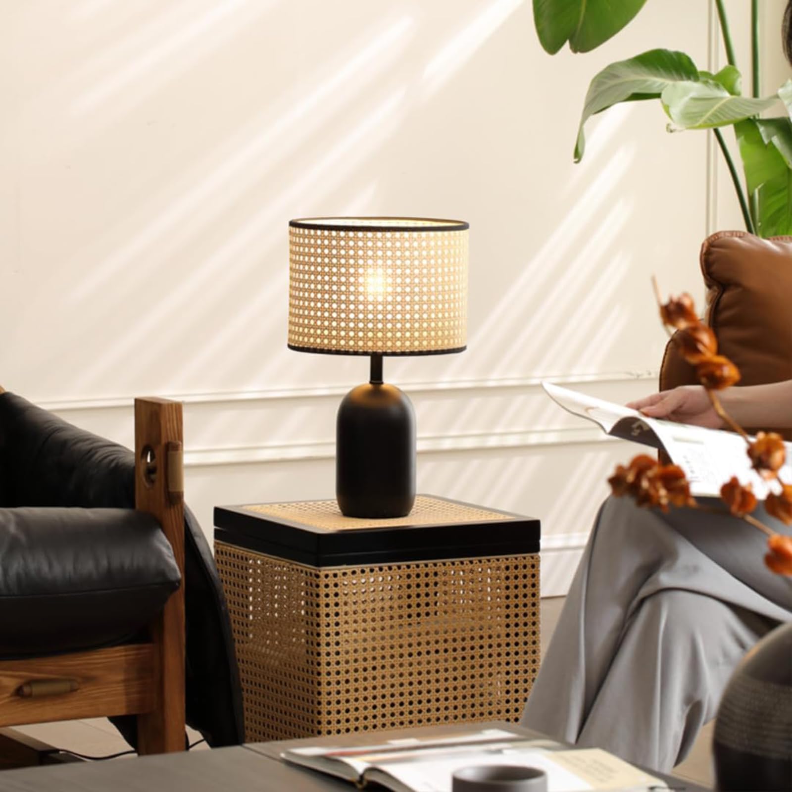 Minimalistyczna Lampa Stołowa, Lampka Nocna Z Rattanu Bohe, Do Sypialni I Salonu, Matowa Czarna Metalowa Podstawa, Nowoczesna Beżowa Lampa Biurkowa, W Zestawie żarówka LED 9 W Z ściemniania
