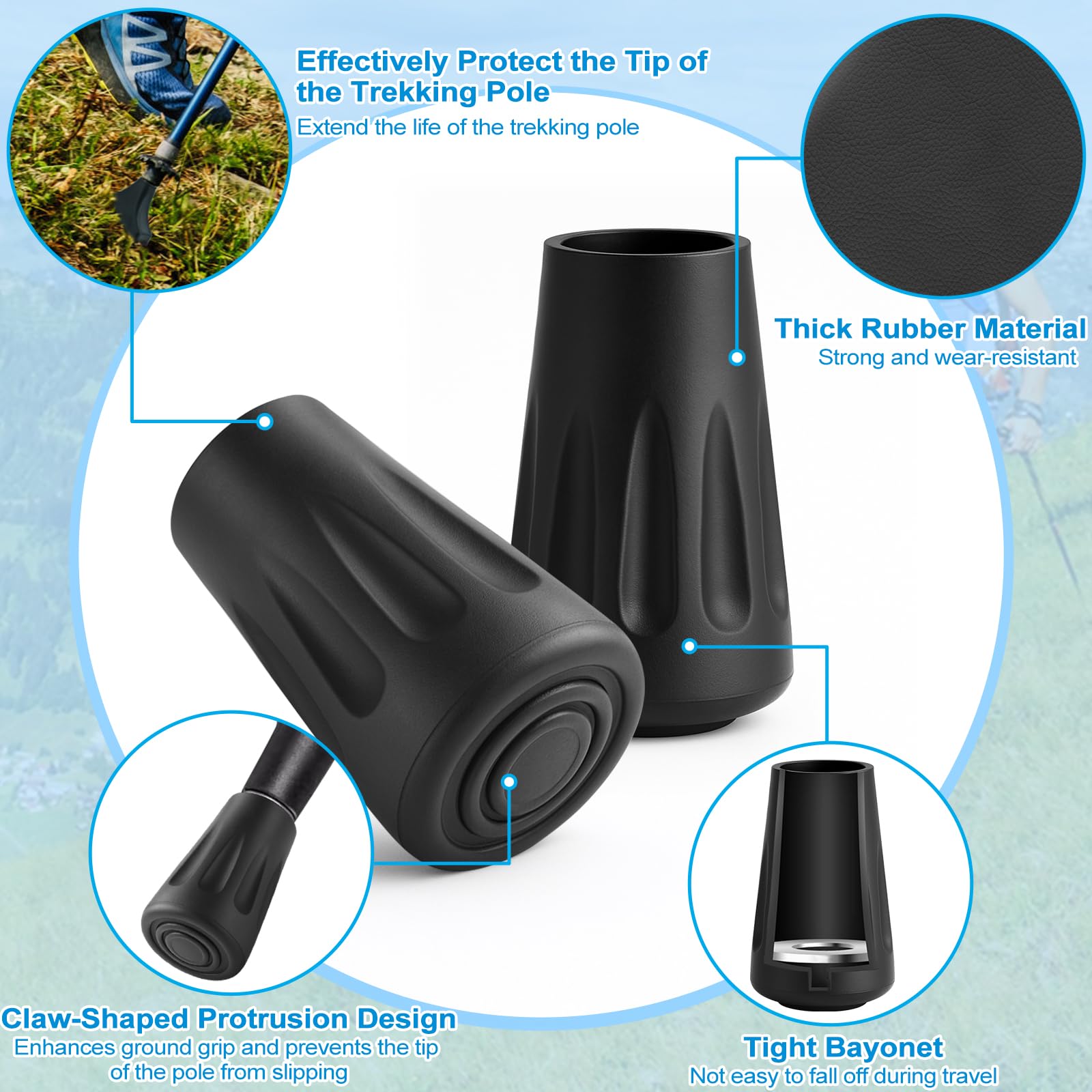 Puntas de Goma de Bastones Senderismo y Bastones Trekking (11mm), Antideslizantes Tapas para Bastones de Senderismo, para Almohadillas Resistentes para Asfalto, Grava y Montaña