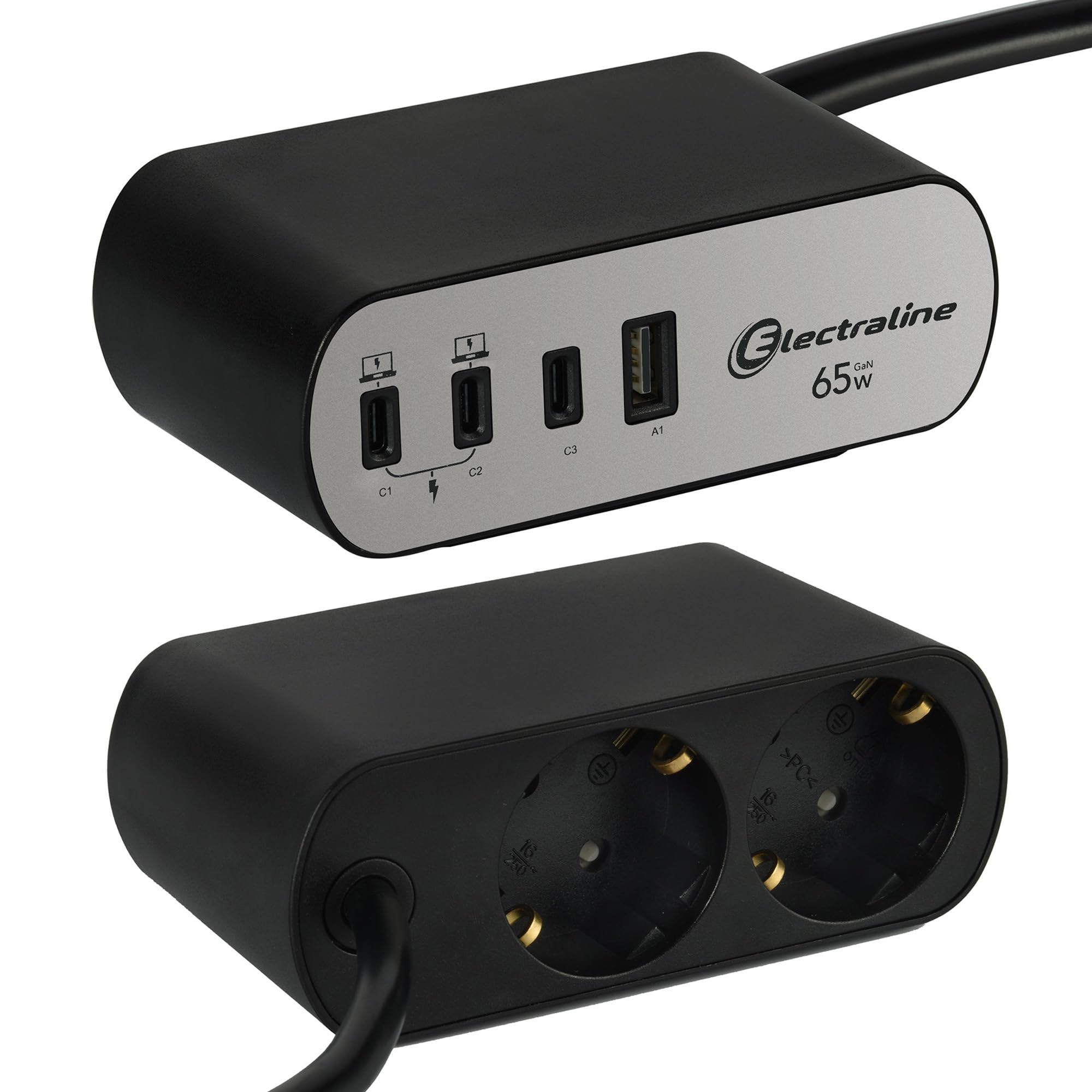 Electraline 62584 Regleta Base Multiple de Escritorio/Mesa de trabajo Electradock 2 Tomas Schuko + 1 USB-A + 3 USB C 65W PD Power Delivery, Cable H05VV-F 3G1.5 Longitud 2M, Enchufe Schuko