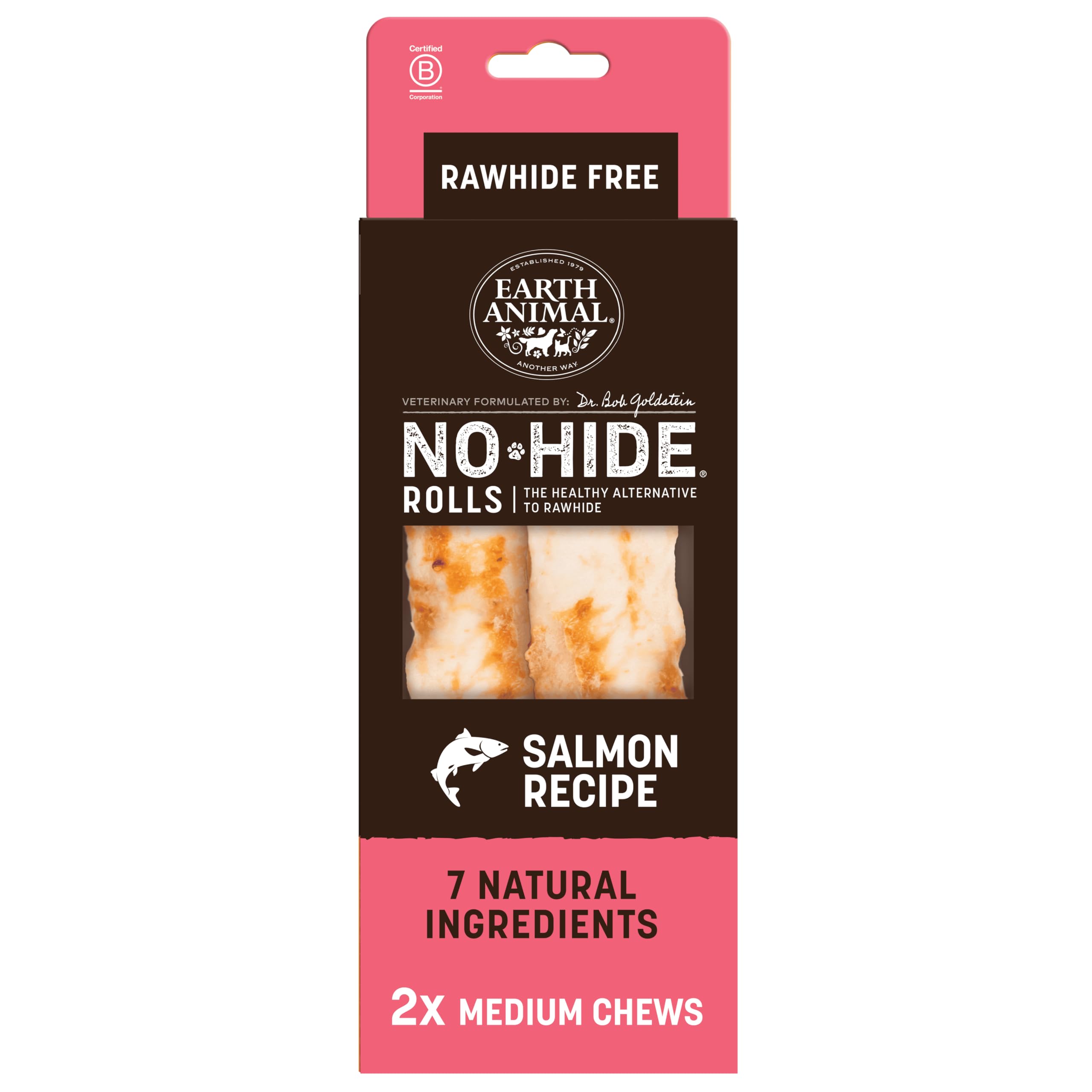 Earth Animal No-Hide® Salmon Rolls (2 Pack) – Long-Lasting Dog Chews – Natural Dog Treats for Medium Dogs (18-34 kg) – Easily Digestible, Supports Healthy Teeth & Gums – 100% Recyclable Packaging