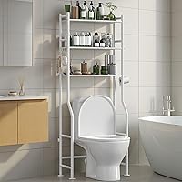 AriseWork 3-Tier Over the Toilet Storage with Paper Holder, Freestanding Metal Bathroom Shelf with 4 Hooks for Small Spaces (White)