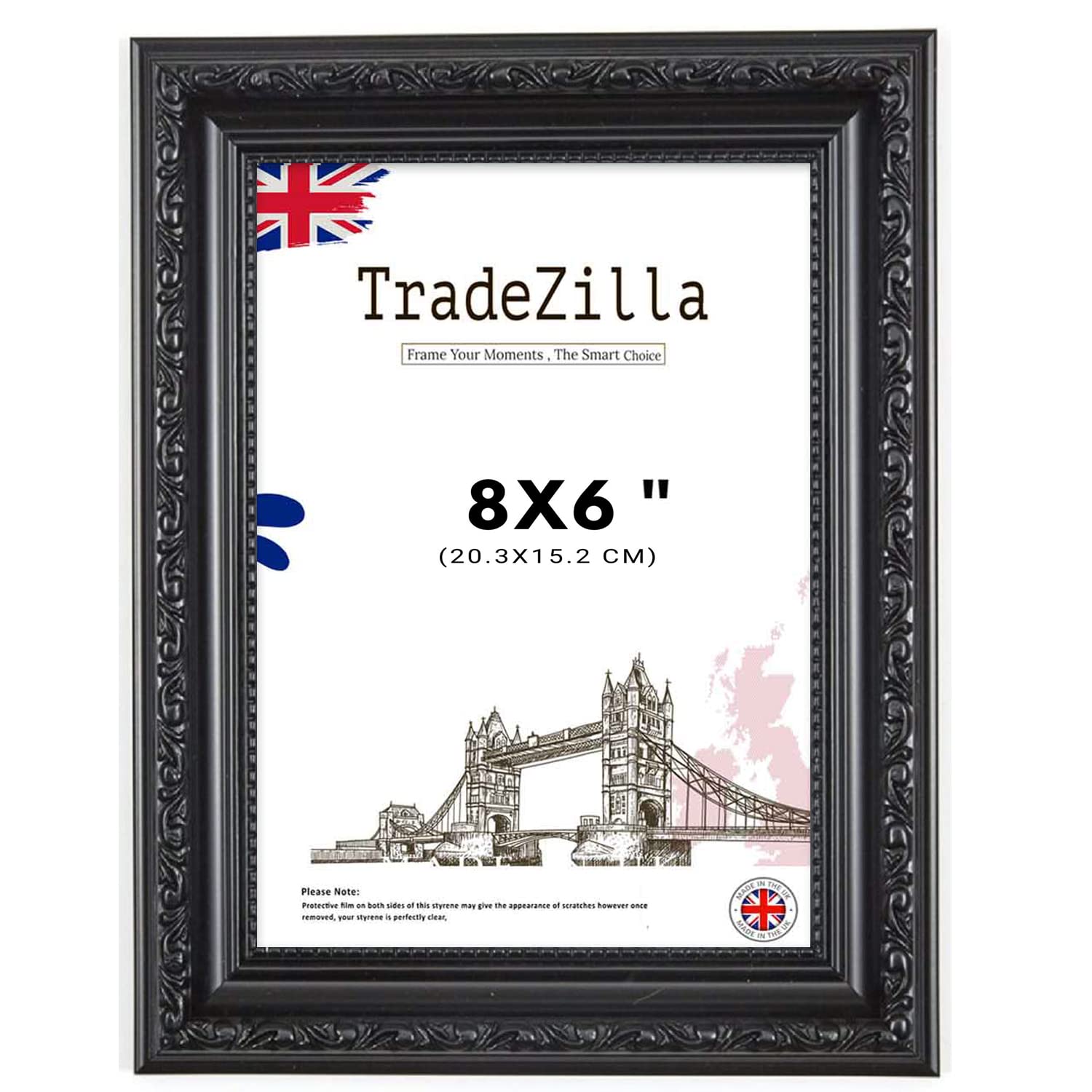 Tradezilla Black Antique Style Frame 8X6 Size - Ornate Shabby Chic Picture/Photo/Poster Vintage Frame With Mdf Backing Board Perspex- For Gift Wall Gallery Home Décor -8X6 (20.3X15.2 Cm)