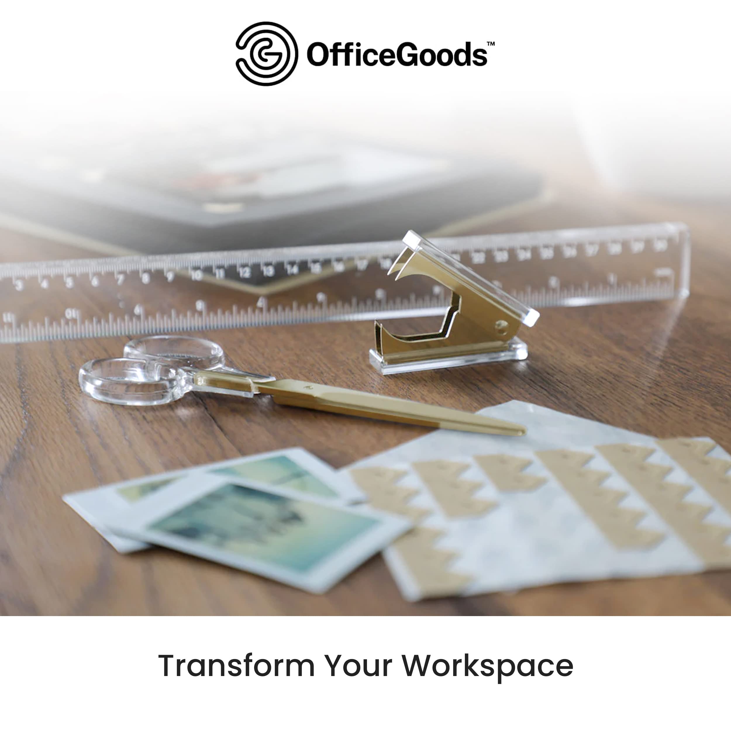 OfficeGoods Schreibtisch-Set aus Acryl, 3-teilig, inklusive Lineal, Klammerentferner, Schere, funktionales und elegantes Schreibtischzubehör, Schreibwaren für Zuhause, Büro und Schule, Gold