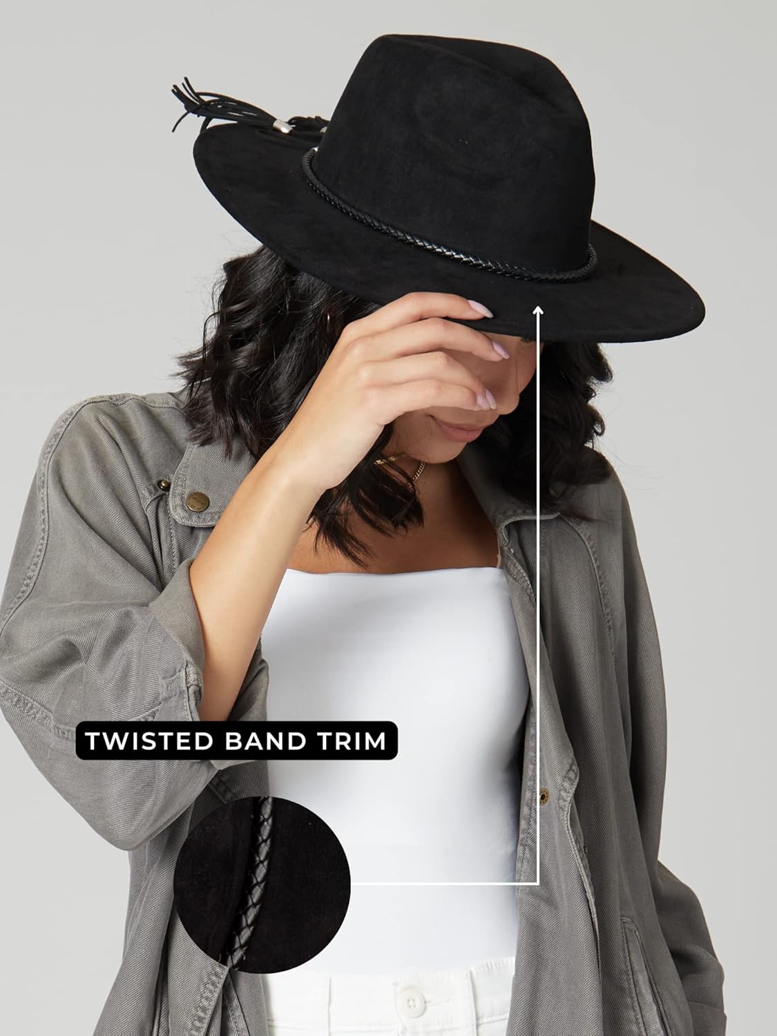 San Diego Hat Co. Womens Faux Suede Wide Brim Fedora with Tassel Back Bow - Image 4