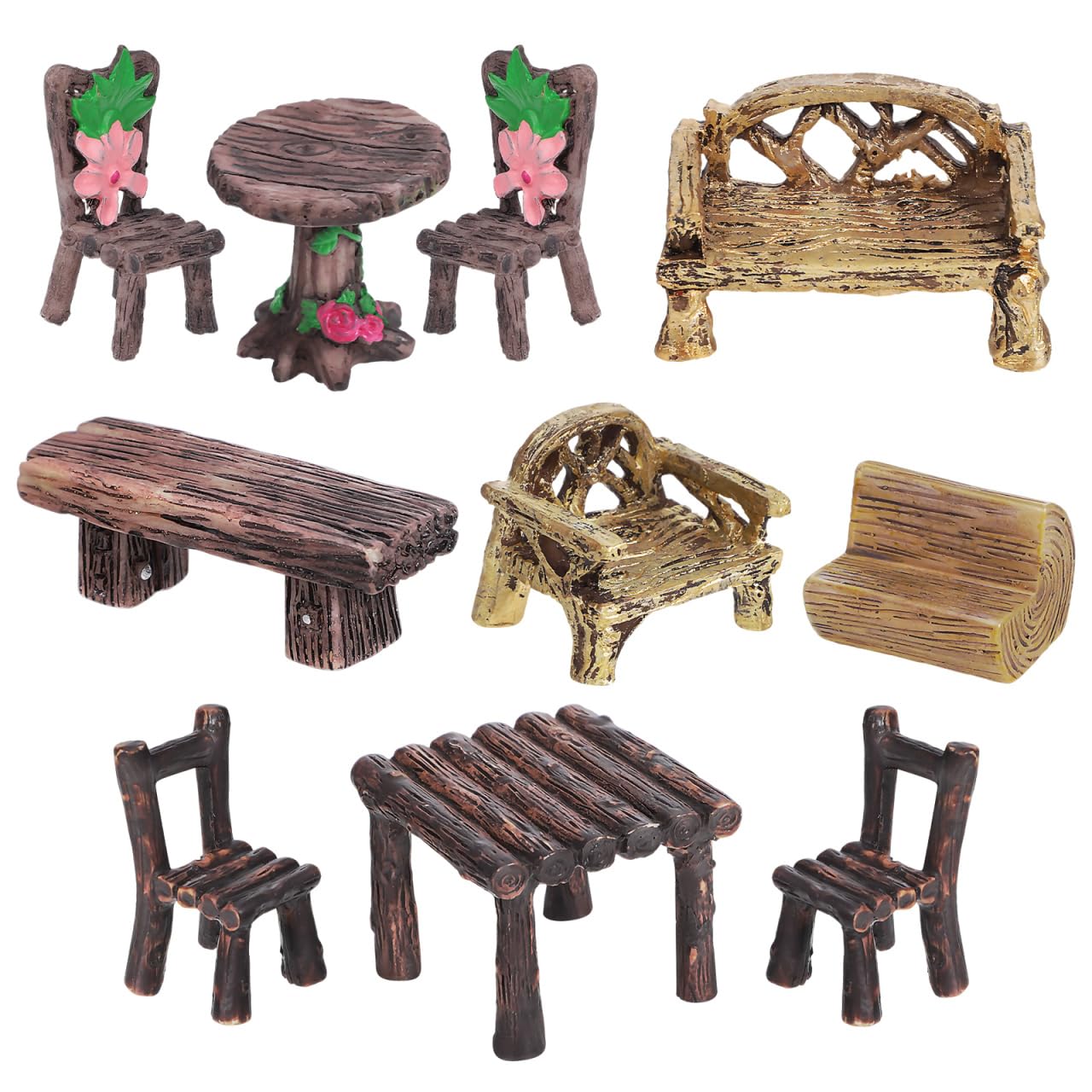 ABOOFAN 10Pcs Fairy Garden Furniture Ornaments, Miniature Table, Benches and Chairs Set for Dollhouse Fairy Garden, Terrarium