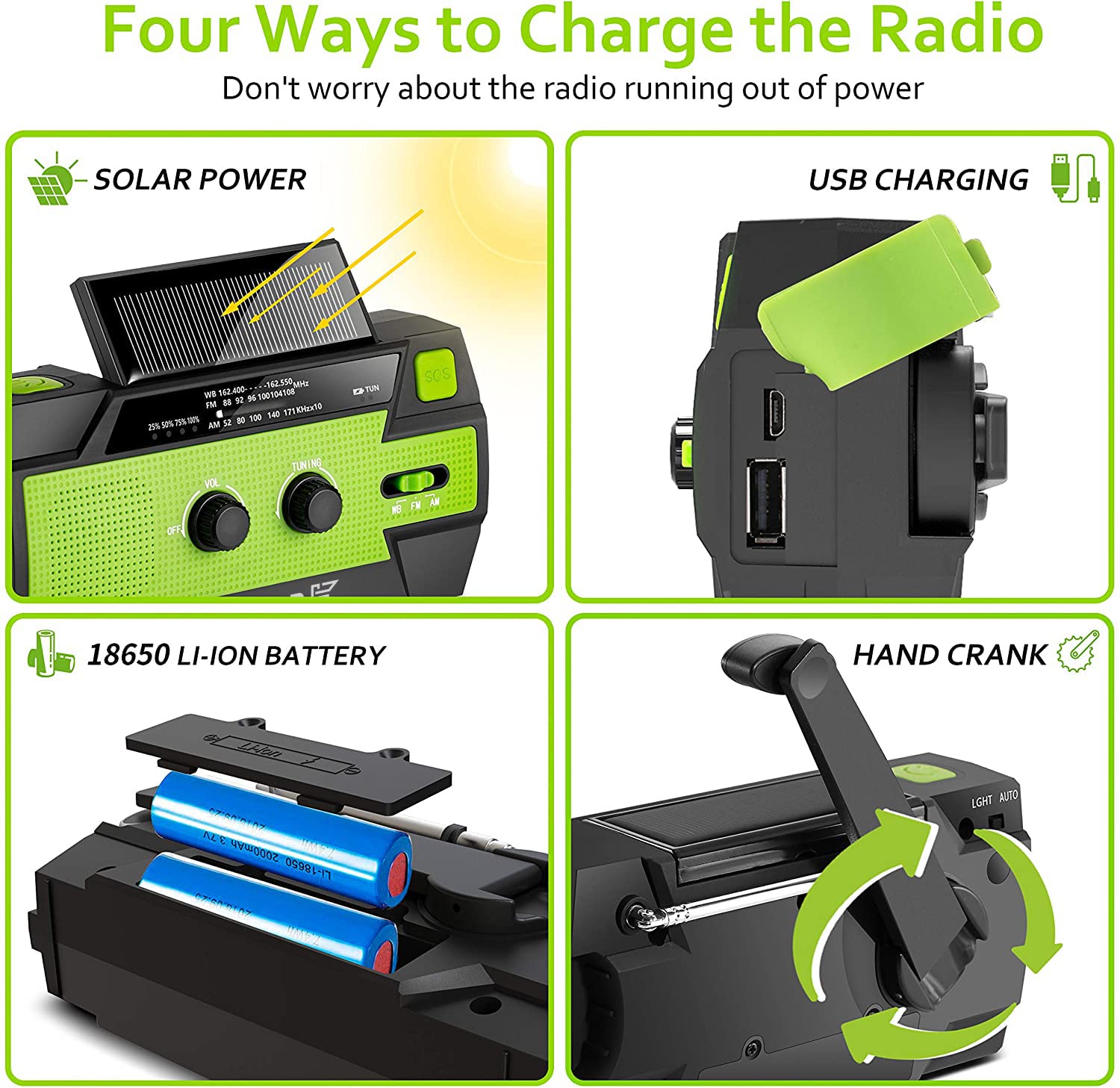 Radio solar de emergencia Feegar Oze 2 Pro radio de manivela para situaciones de emergencia AM/FM radio de supervivencia portátil, linterna LED de 4 modos, alarma SOS, banco de energía 4000mAh
