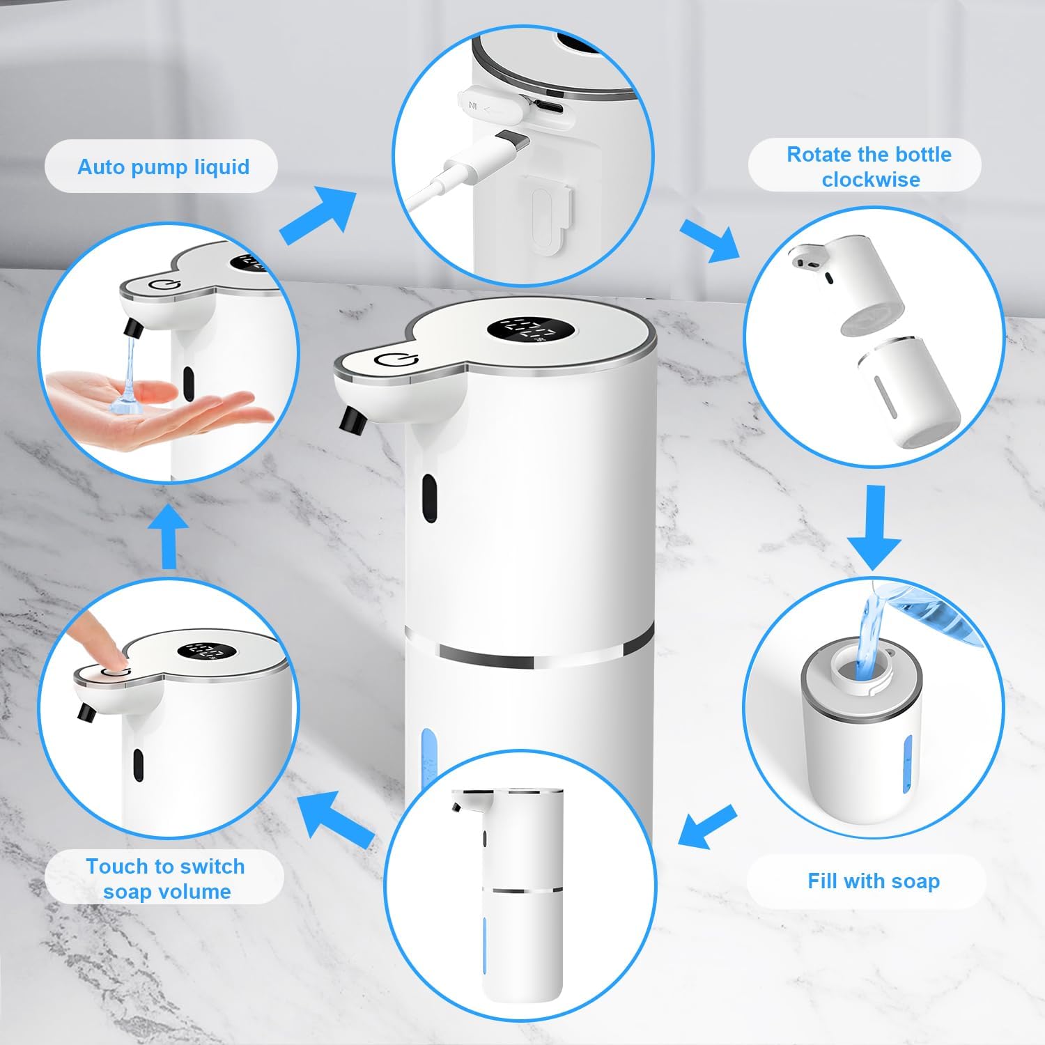 Automatic Liquid Soap Dispenser,6 Level Adjustable Liquid, Wall Mount Soap Dispenser,USB Rechargeable with LED Display,12.8oz/ 380ml Touchless Hand & Dish Dispenser for Bathroom, Kitchen - Image 2