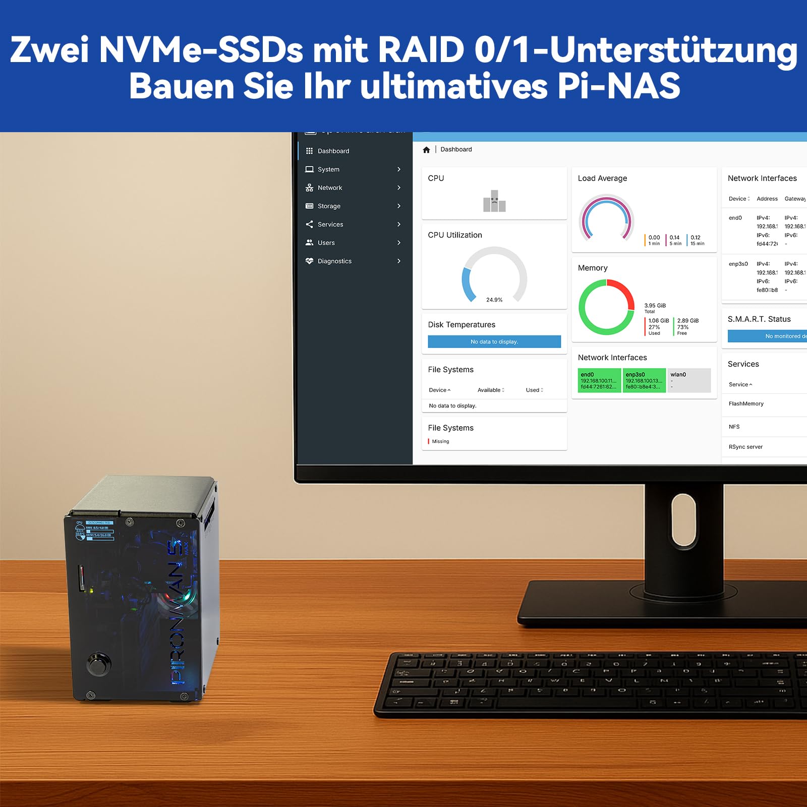Pironman 5-MAX Raspberry Pi 5 Gehäuse mit Dual NVMe M.2 SSD PCIe, Mini PC NAS RAID 0/1, Hailo-8L AI-Beschleuniger, PWM Tower-Kühler + Dual RGB-Lüfter, OLED, Safe Shutdown, HDMI (RPI5 Nicht enthalten)