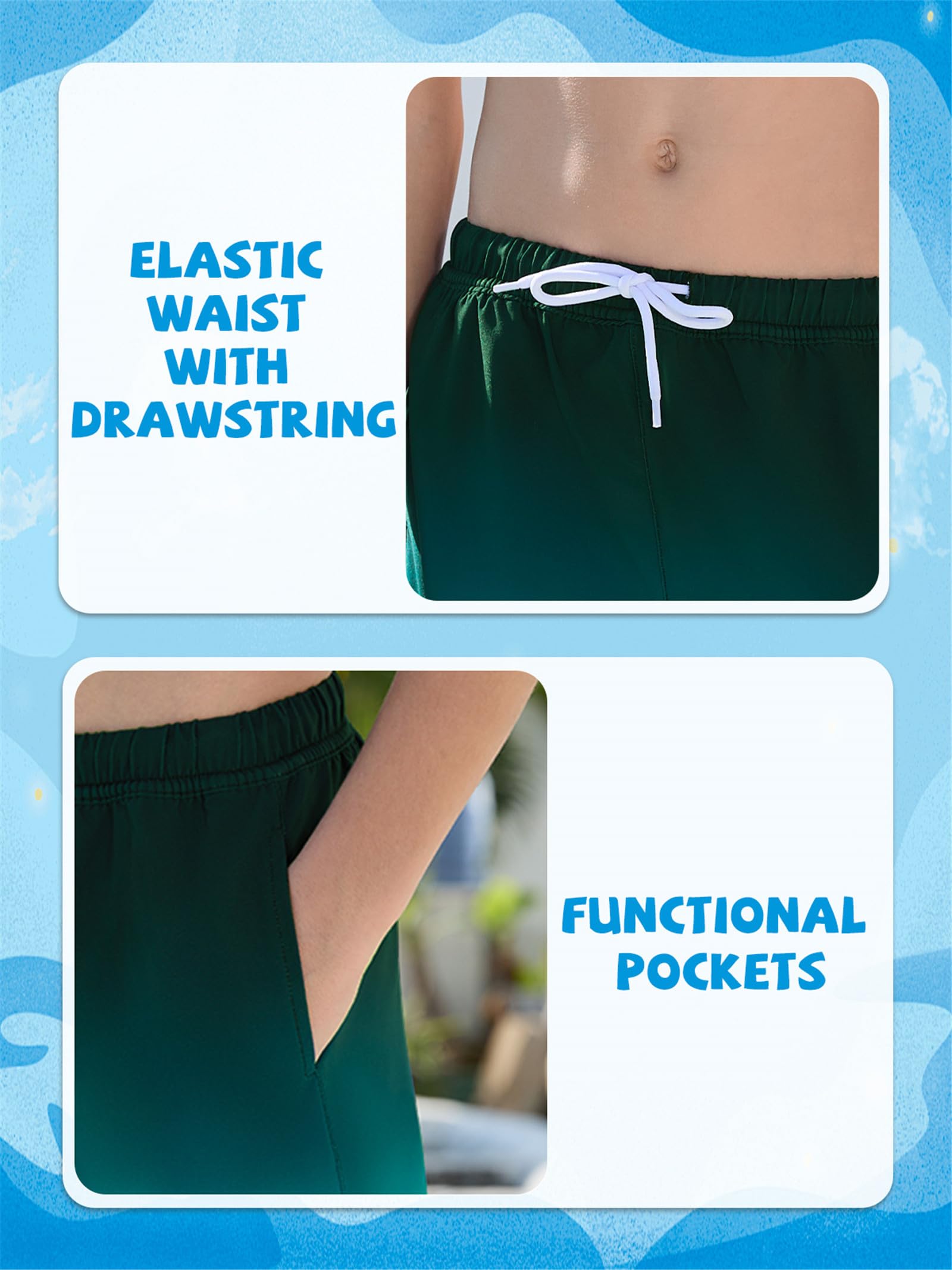 Badehose Jungen 5-16 Jahre Ohne Netz mit Innenhose - Kompressions Schwimmshorts mit Kordelzug & Tasche