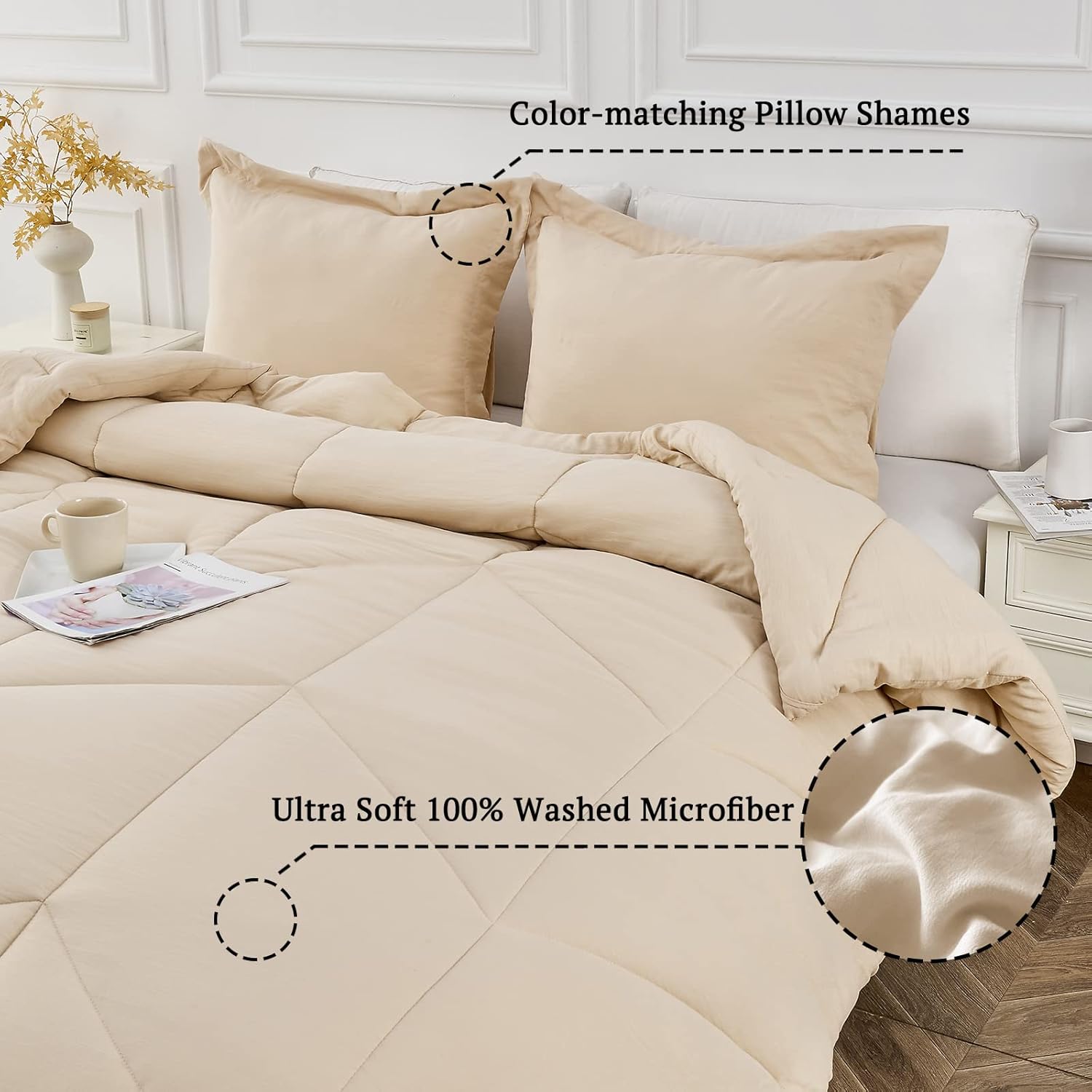 MILDLY King Size Comforter Set - Khaki Bedding Comforter Sets 100% Washed Microfiber Super Soft 3 PCS, All Season Fluffy Lightweight Down Alternative Quilted Comforter 102x90 inches, 2 Pillow Shams