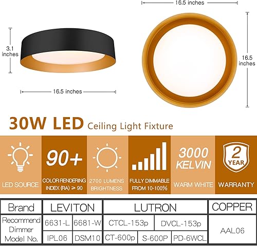 Miniatura 3 de Bargeni Lámpara de techo LED de 16.5 pulgadas, lámpara de techo regulable de montaje empotrado, color negro mate con dorado en el interior, 3000