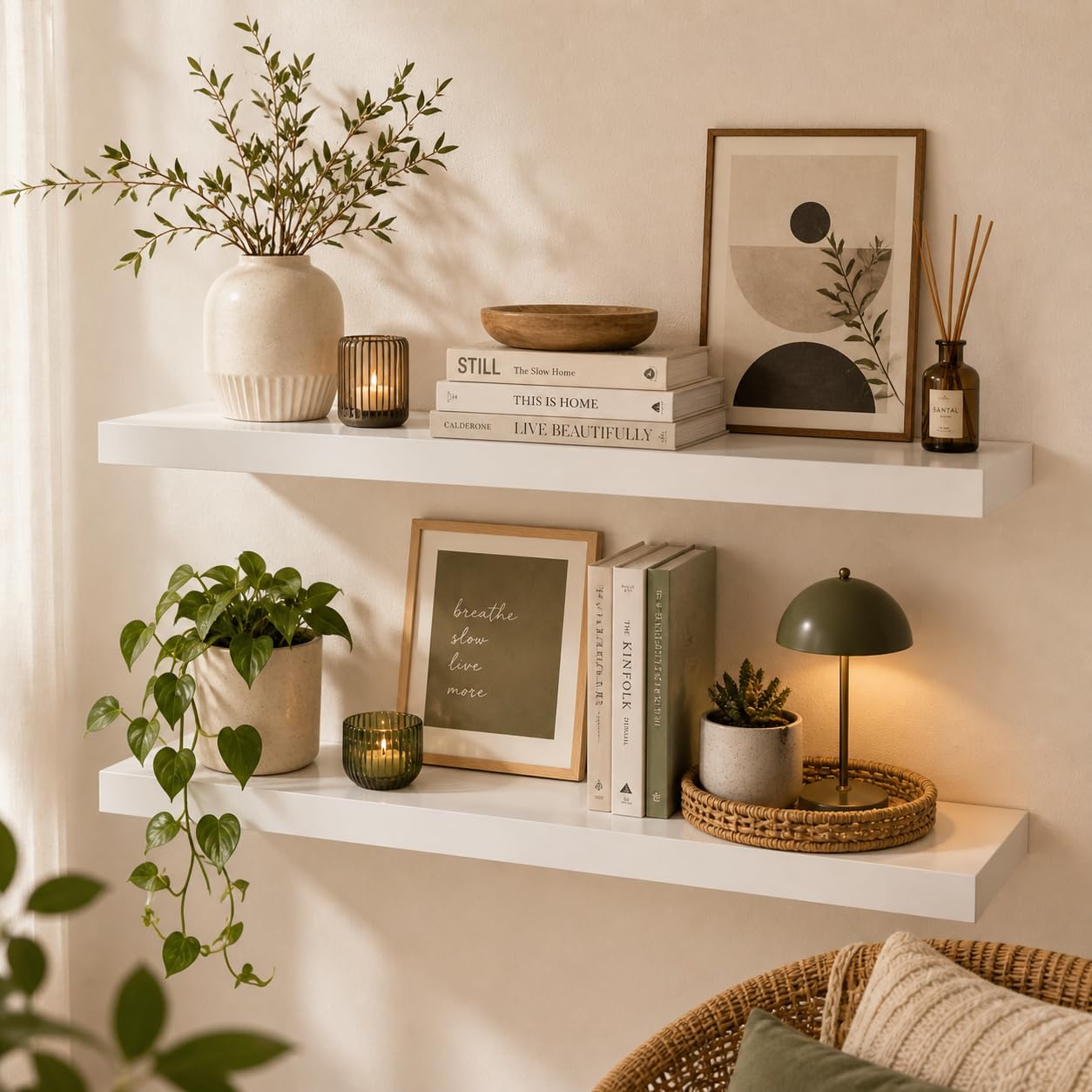 Premium Wooden Floating Wall Shelf 24x8 Inch, Heavy Duty Wall Mounted Shelf for Living Room, Bedroom, Kitchen Decor Storage, Modern White Finish Floating Wall Shelves, Plants & Kitchen Items.-picture-33
