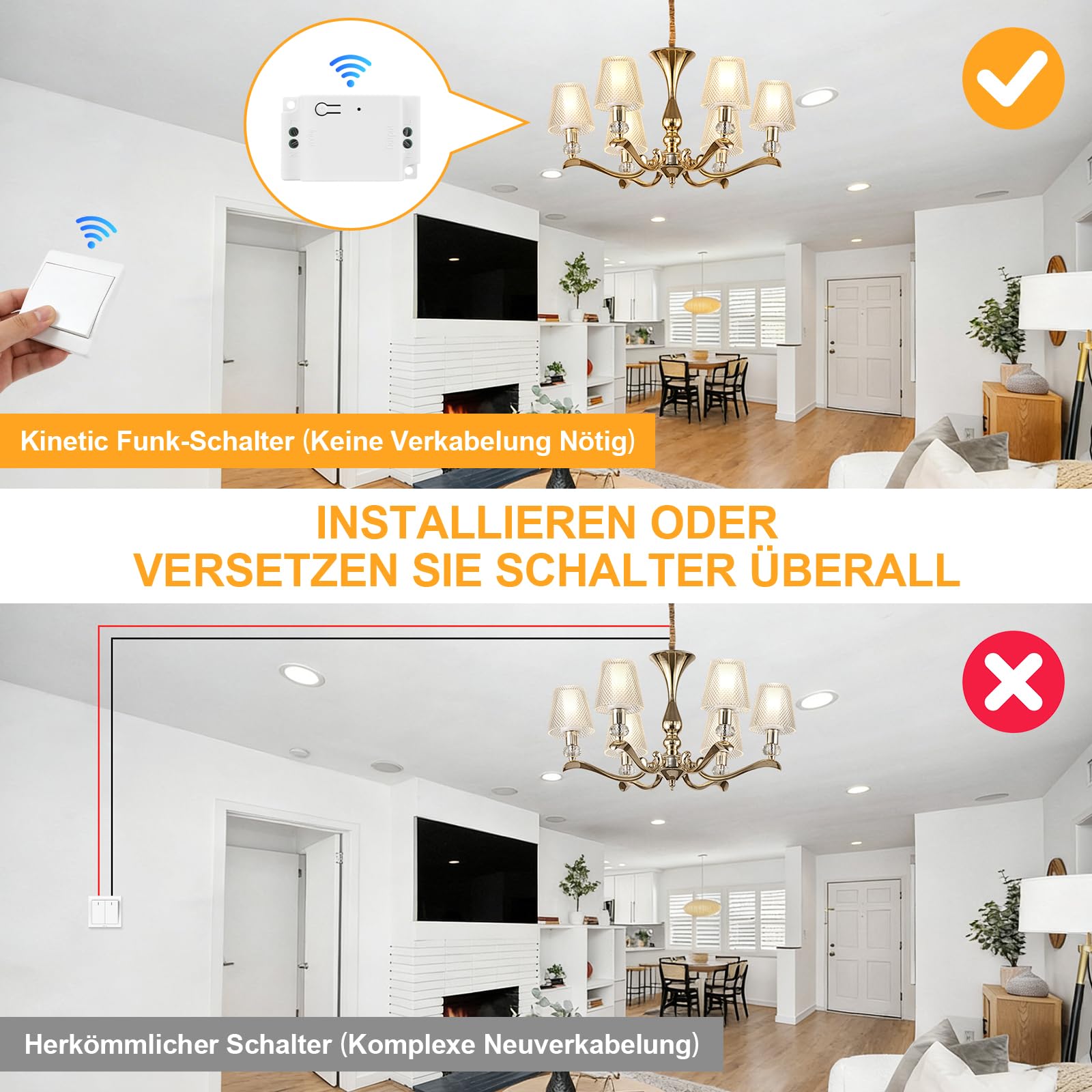Lot d'interrupteurs sans fil 230 V, auto-alimenté, sans batterie, avec récepteur, 433 MHz, pour salon, cuisine et salle de bain, pas de nouveau câblage, 1 récepteur et 3 interrupteurs