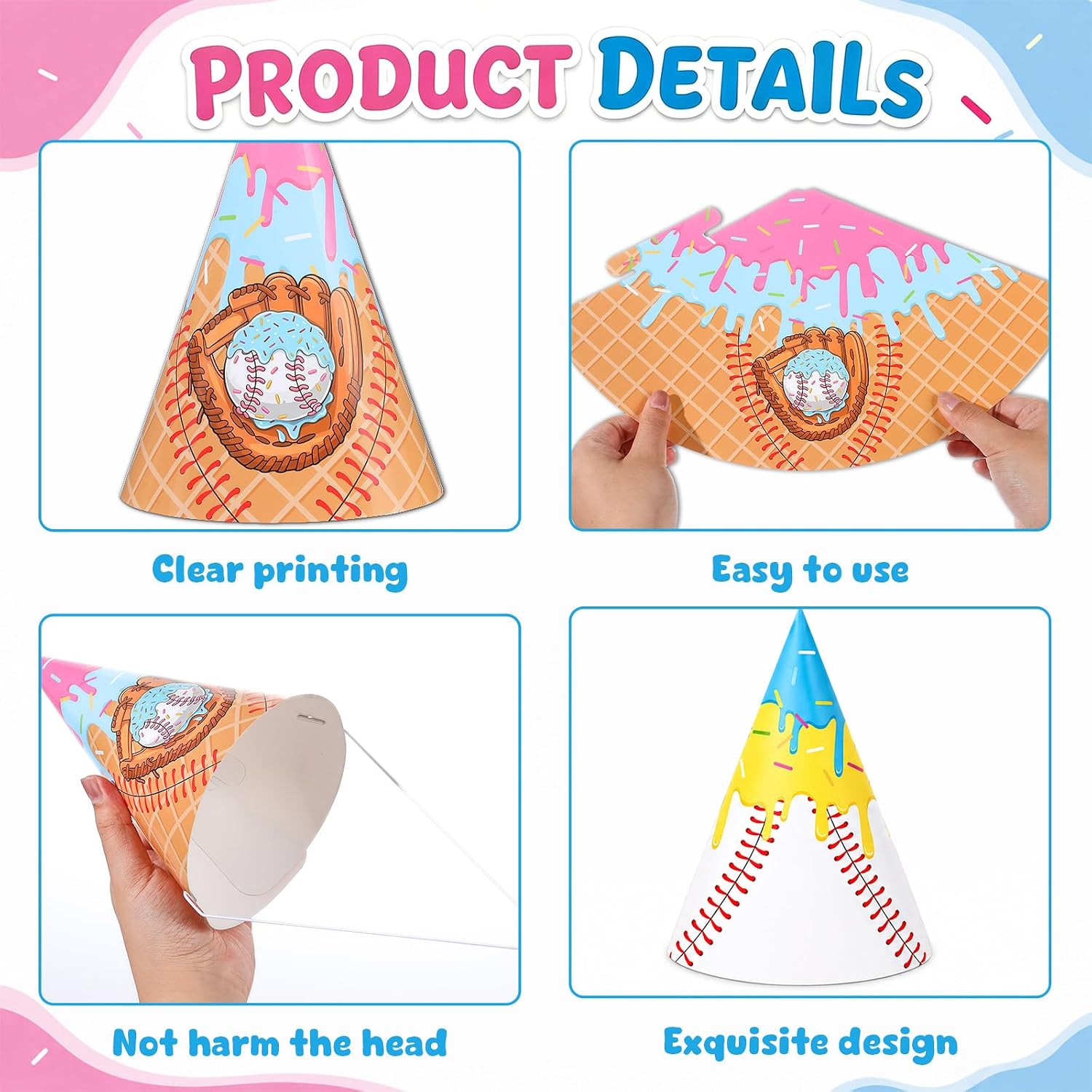 24PCS Ice Cream Drip Baseball Party Decorations Colorful Ice Cream Cone Hats Baseball Drip Birthday Headwear Sports Themed Headband Crown for Adults Birthday Baby Shower Party Supplies Favors