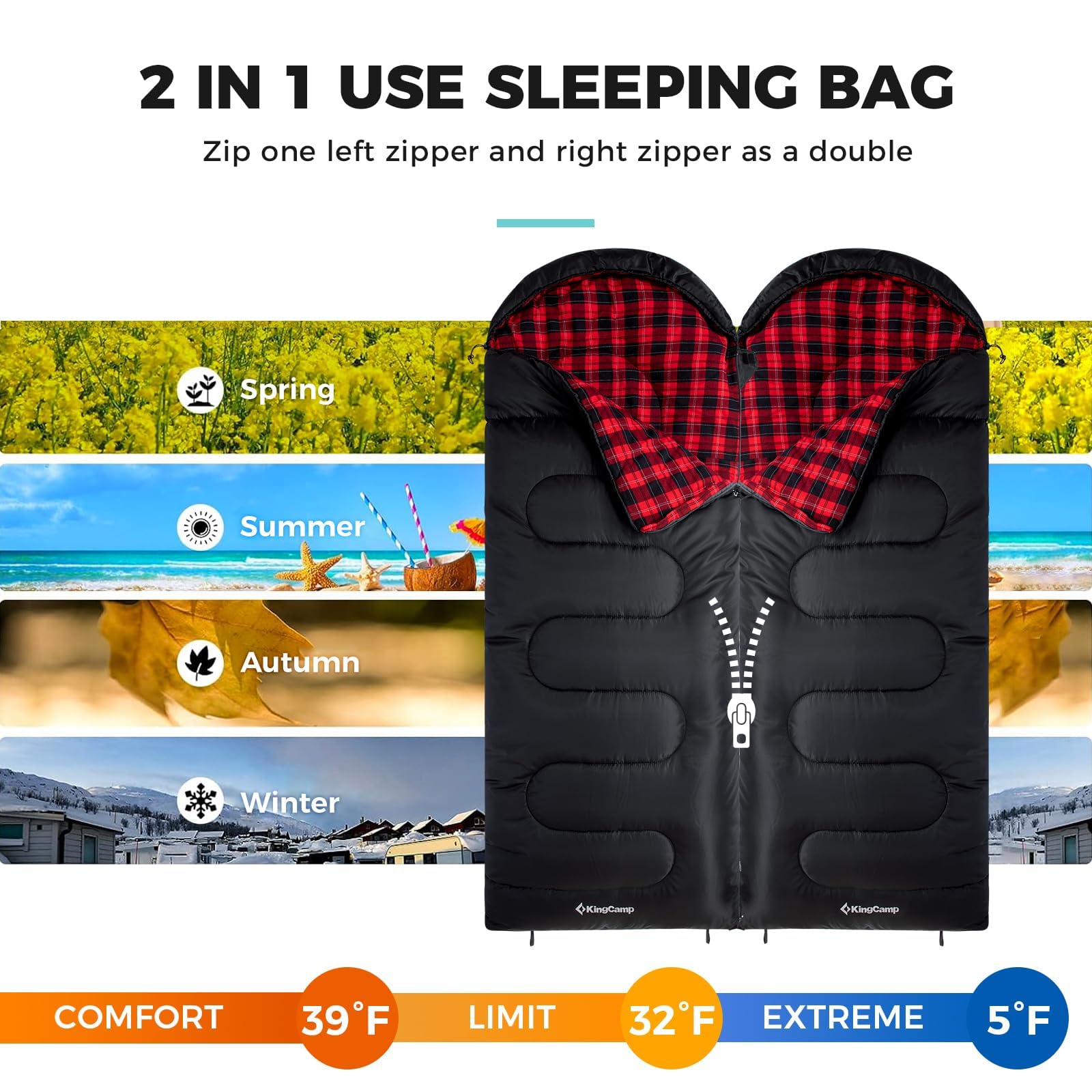 KingCamp for Adults, Winter | Flannel Lined Cold Weather 4 Season Sleeping Bag Sacos de Dormir Grandes y Altos, Ligeros, Resistentes al Agua para Camping, mochileros, Senderismo, Color Negro Derecho