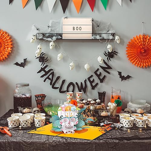 Miniatura 7 de YLOLUL 2 tarjetas emergentes de Halloween con diseño de calavera de rosa, coloridas hechas a mano, 3D, tarjetas de Halloween de 5 x 7 pulgadas,