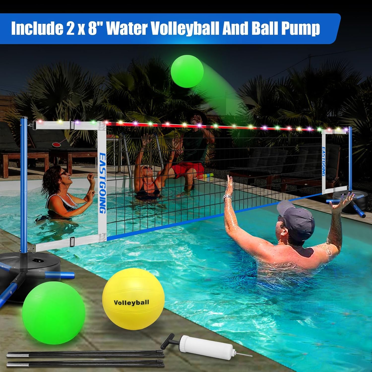 HoldOneLight tragbares Pool-Volleyball-Netzsystem längenverstellbar (4,5–7,6 m) mit stabilem Sockel und 2 Wasser-Volleyballbällen Für den Einsatz im Innen- und Außenbereich sowie