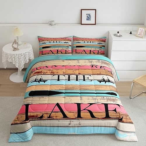 Miniatura 2 de Colorido juego de edredón rústico de casa de lago, tamaño Queen, juego de ropa de cama de madera de granja, para niños, niñas, adolescentes y