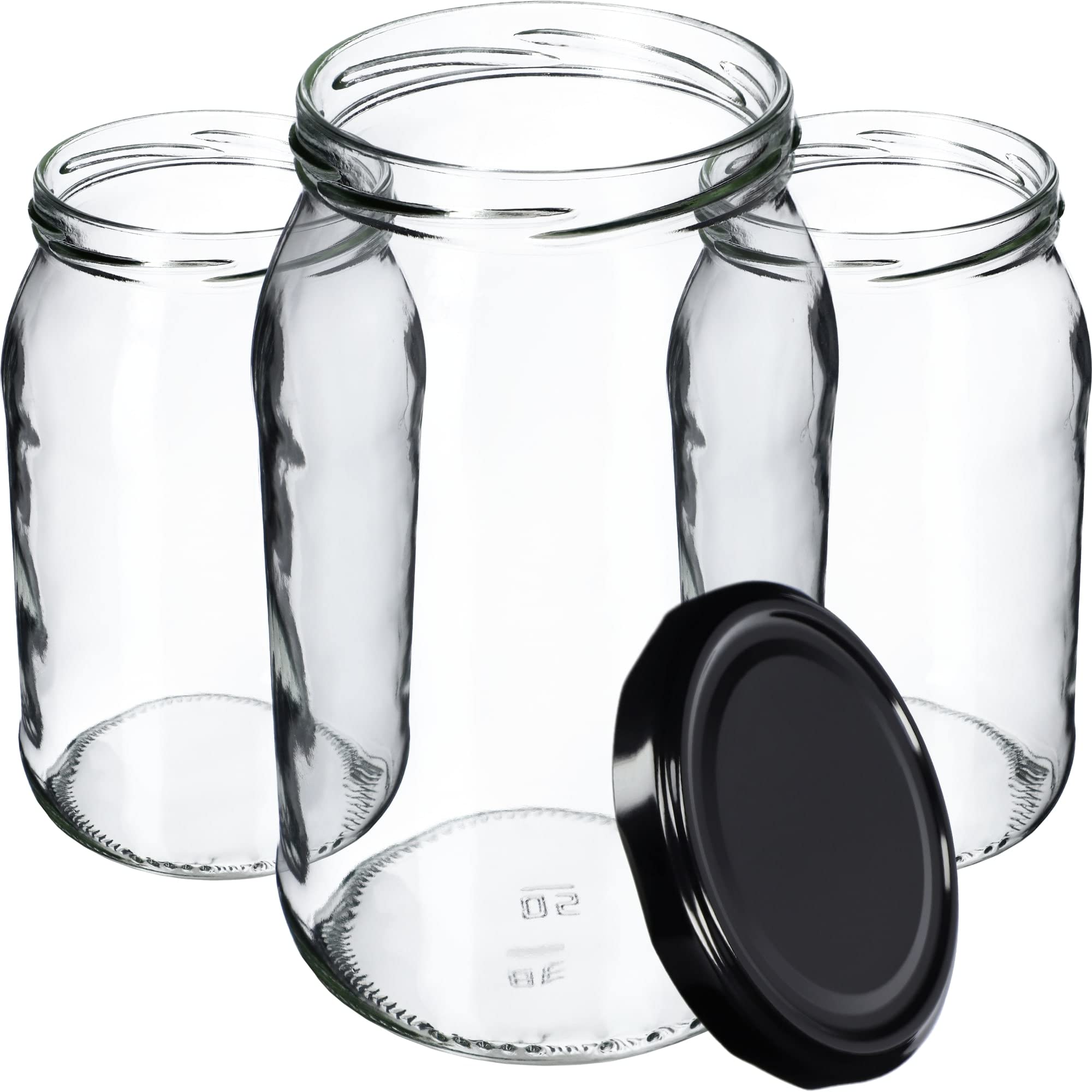 KADAX Lot de 48 grands bocaux en verre 900ml Ø82 Noir – couvercle à vis hermétique, pour conserves, cornichons, légumes lacto-fermentés et confitures maison