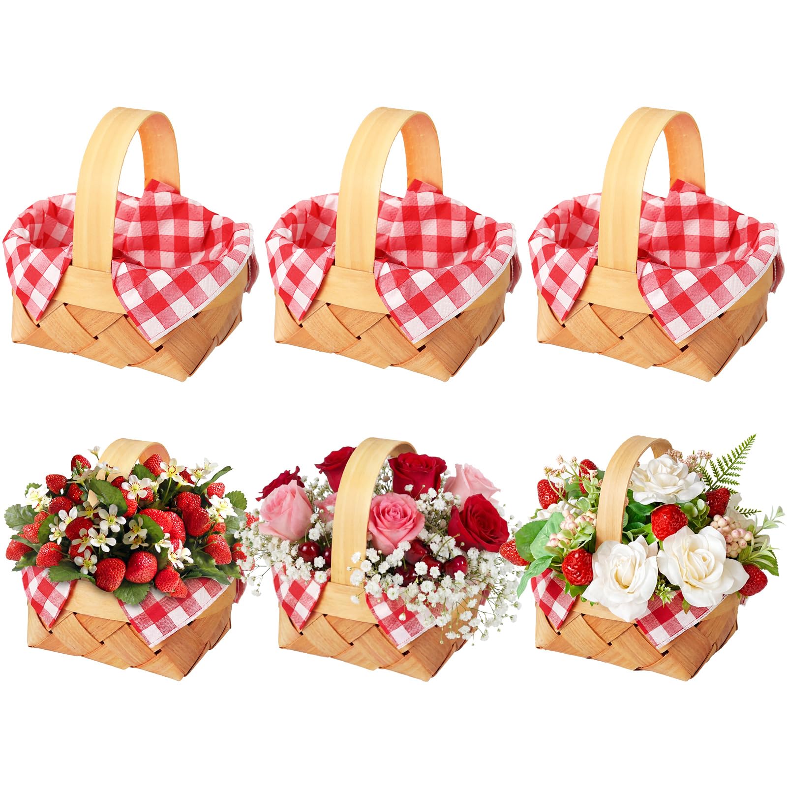 Photo 1 of Geelin 6 Pcs Mini Woven Basket with Handle and Red White Gingham Paper Napkins Wood Chip Mini Flower Fruit Picnic Basket Chip for Easter Spring Wedding Party Gift Decoration (Large)