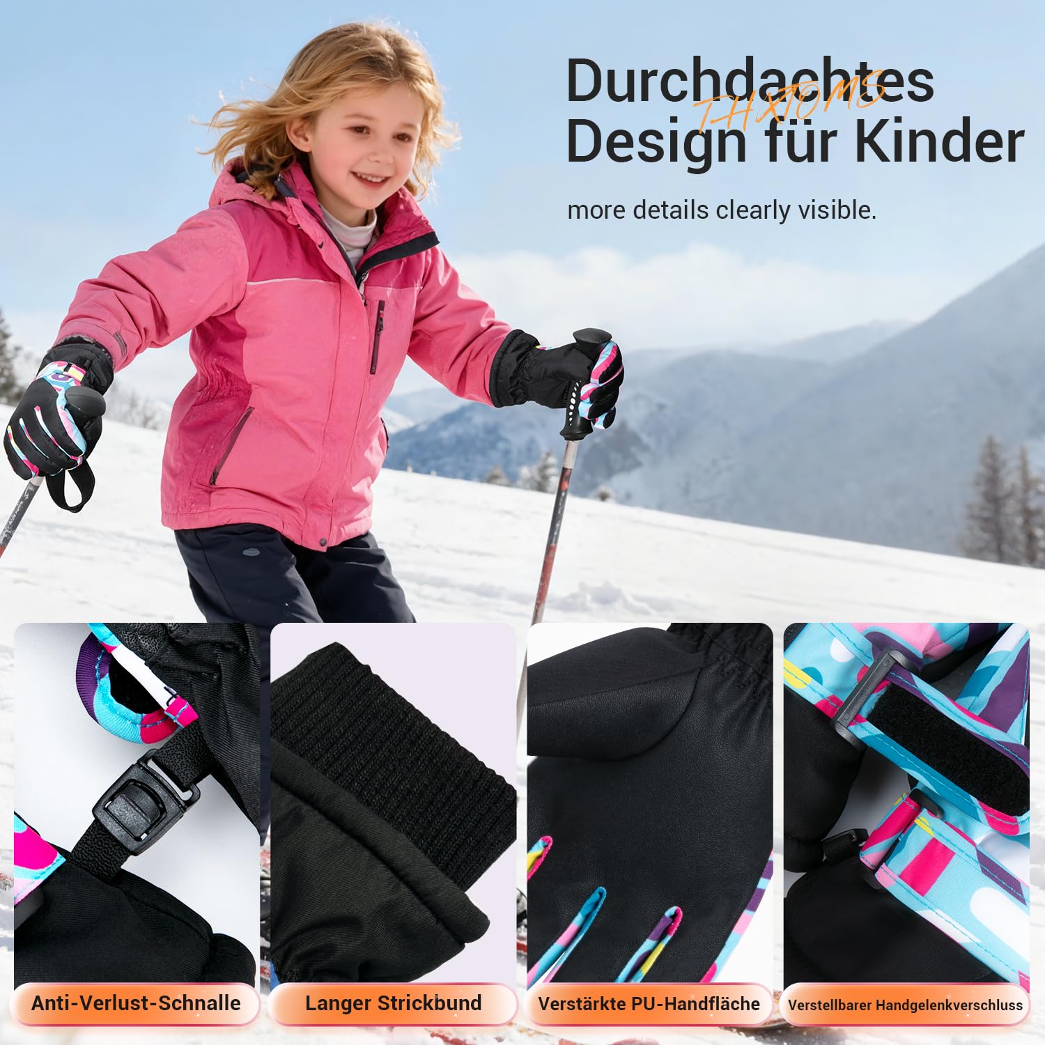 ThxToms Guanti da Sci Per Bambini Invernali, -15 °C Antivento Impermeabili Caldi Freddi, Sport All'aria Aperta, Snowboard, Ciclismo, Ragazzi e Ragazze 4-13 Anni
