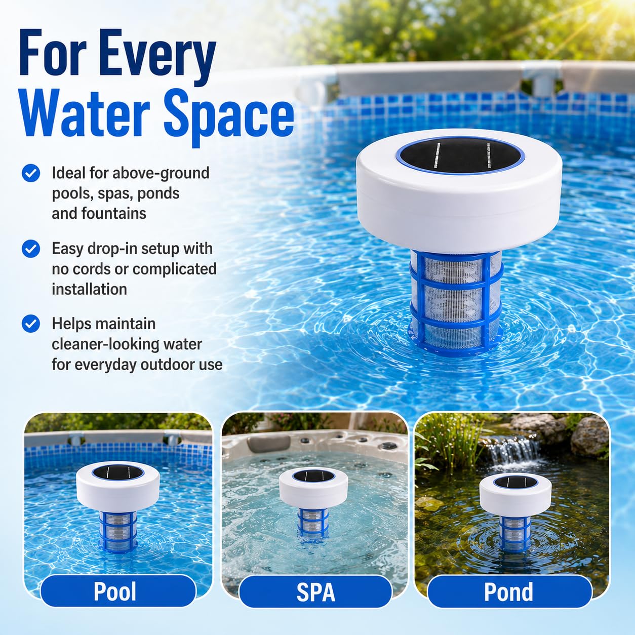 Ionizador solar para piscina, purificador de iones de cobre y plata con luces RGB | Diseño de energía solar para piscinas sobre el suelo, spas, jacuzzis, estanques y fuentes; incluye dos juegos de accesorios