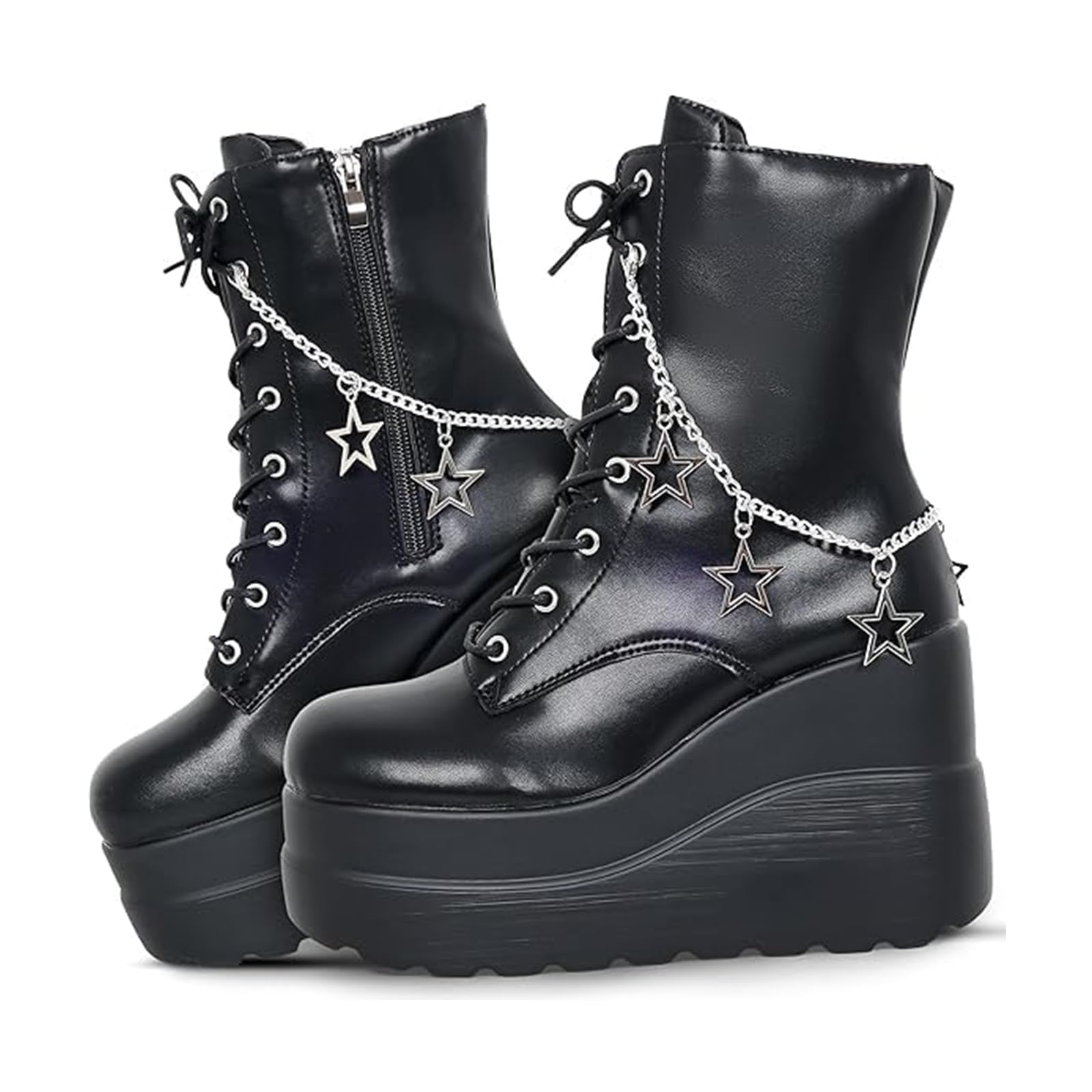 Platform Goth Ankle Boots for Women Punk Motorcycle Round Toe Chunky Heel Mid Calf Combat Boots Side Zipper