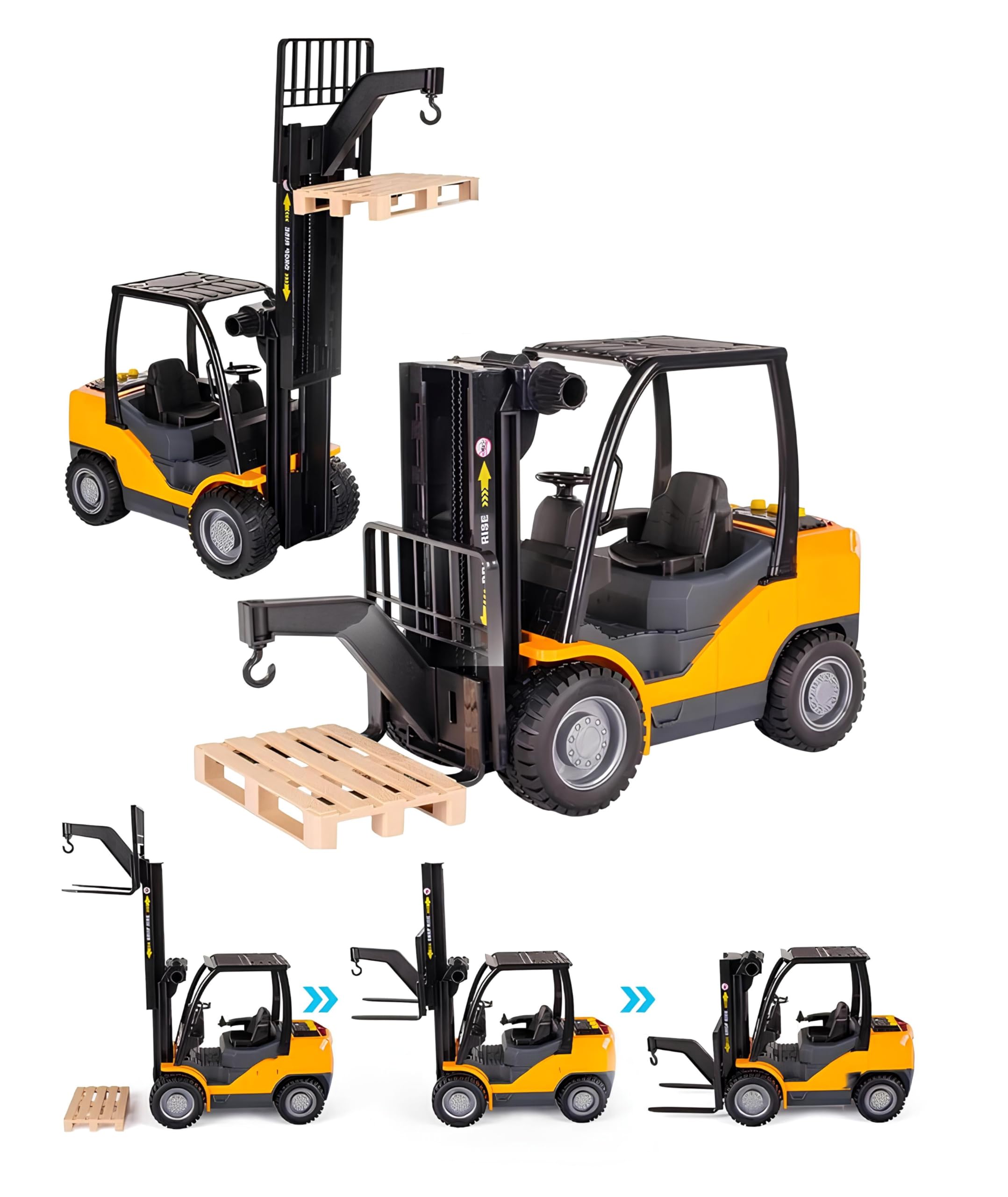 Carrello Elevatore Giocattolo con Suoni Reali Luce Movimento a Frizione Muletto Grande cm 25 Forklift con Gancio Pedana Pallet Grande Modellino Forca Carrello a Forche Porta Transpallet Porta Pedane