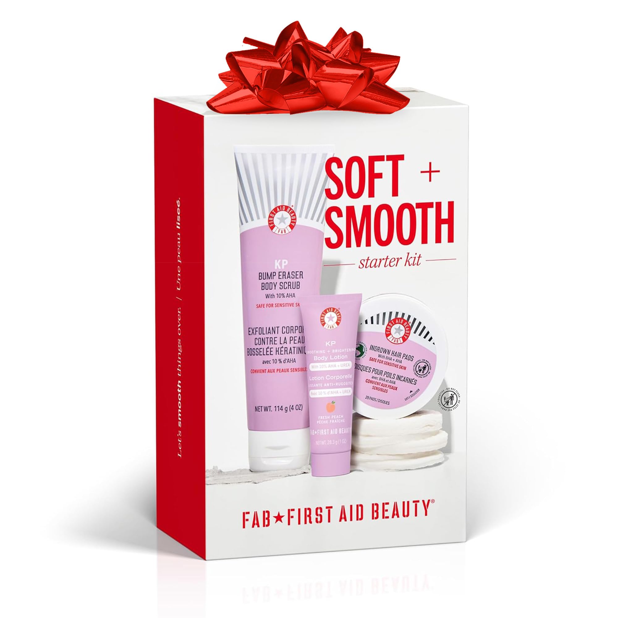 First Aid Beauty - Bye Bye Bumps Kit: KP Bump Eraser Body Scrub, 4 oz, Smoothing Lotion, 1oz, and Ingrown Hair Pads, 28 Pads, Deep Moisture Exfoliating Skin Treatment Set with BHA & AHA, 3ct