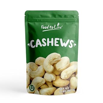Food to Live Raw Cashews, 2 Pounds - Deluxe Whole Nuts, Unsalted, Unroasted, Size W-320, Vegan, Kosher, Bulk