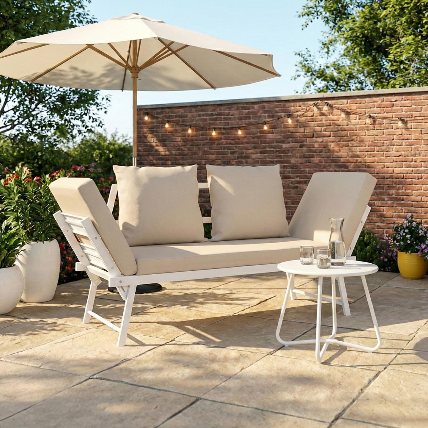 IDMarket - Canapé de Jardin, Banquette Convertible NOLA 2/3 Places avec accoudoirs inclinables métal Blanc et Coussins Beige