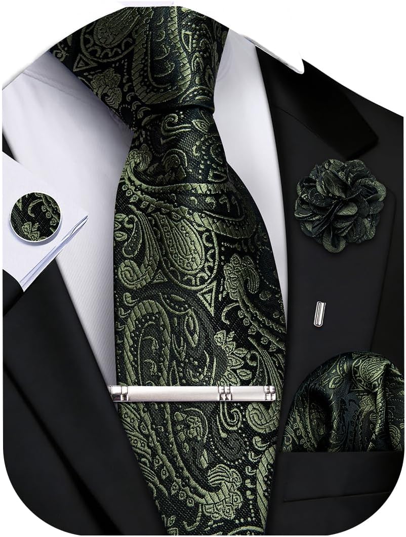 DiBanGu Mens Paisley Tie Sets Silk Jacquard Woven Necktie and Pocket Square Cufflinks Set Wedding Business Party