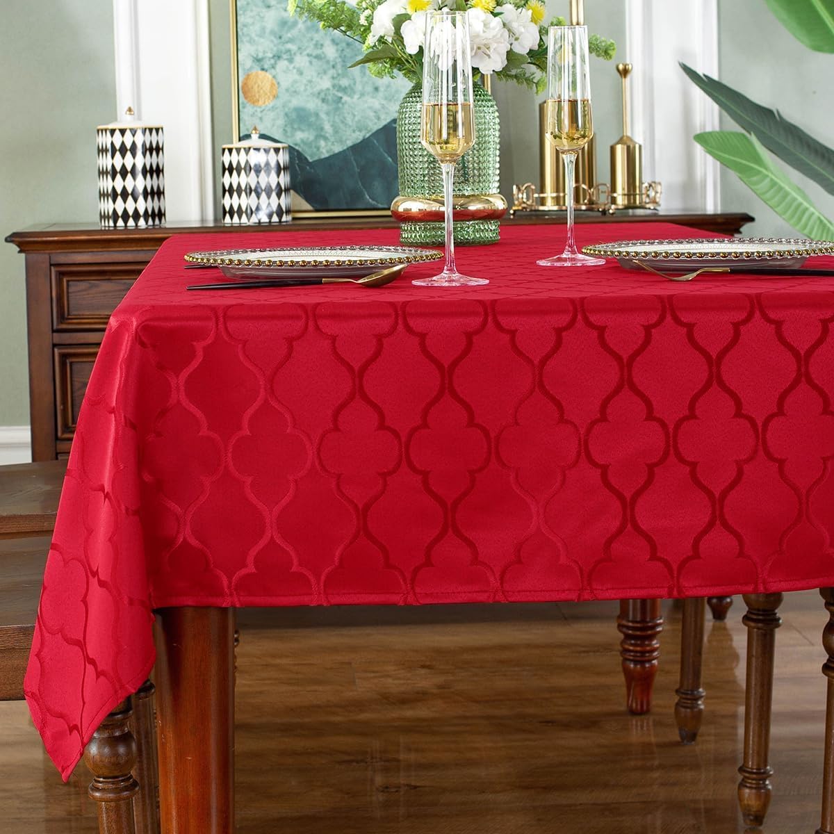 SASTYBALE Jacquard Christmas Tablecloth Flower Pattern Polyester Christmas Table Cloth Spill Proof Wrinkle Resistant Table Cover for Xmas Holiday Party Decor (Square, 52" x 52" (2-4 Seats),Red)