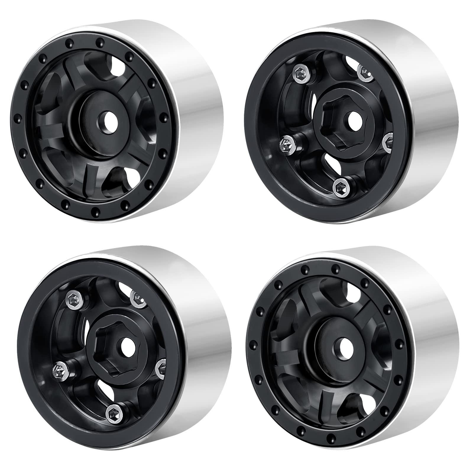 Que-T 4pcs 1.0inch Metal Beadlock Wheel Rims Hubs for 1:24 Axial SCX24 AXI0081 AXI00001 C10 AXI00002 JLU RC Car (Black)