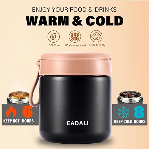 Miniatura 3 de Eadali Tarro térmico para alimentos de 15.2 onzas para niños y adultos, contenedor de almuerzo aislado al vacío de acero inoxidable 316, tarro de