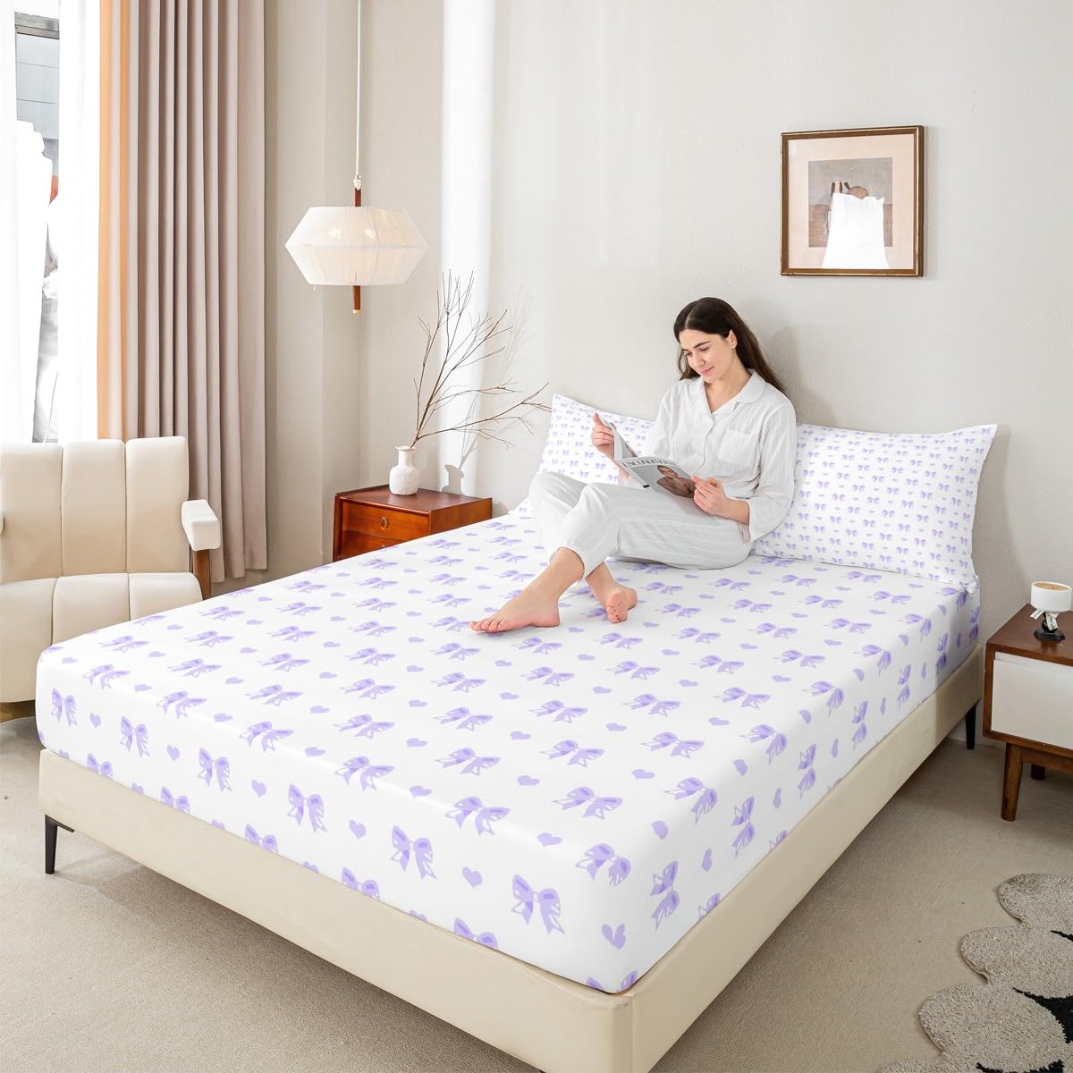 Dreamy Bow Princess Style Full Size Fitted Sheet No Top Sheet,Cute Love Hearts Kawaii Girly 3 Pieces Kids Teenager Room Decor Purple Bowknot Pocket 2 Pillowcases