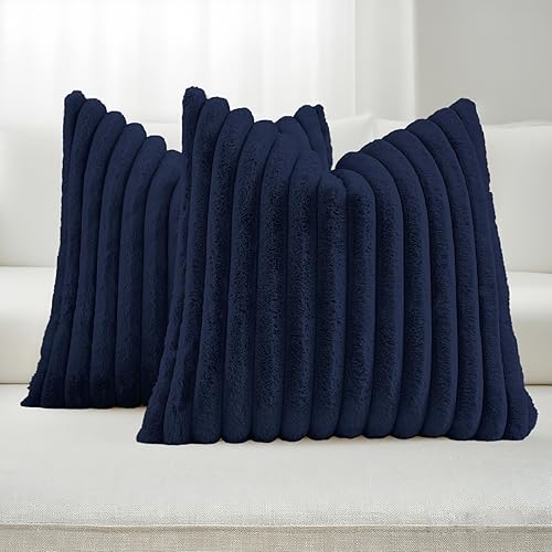 Vista 48 de FUTEI - Juego de 2 fundas de almohada decorativas con rayas, rectangulares para invierno, piel sintética de conejo suave y respaldo de terciopelo