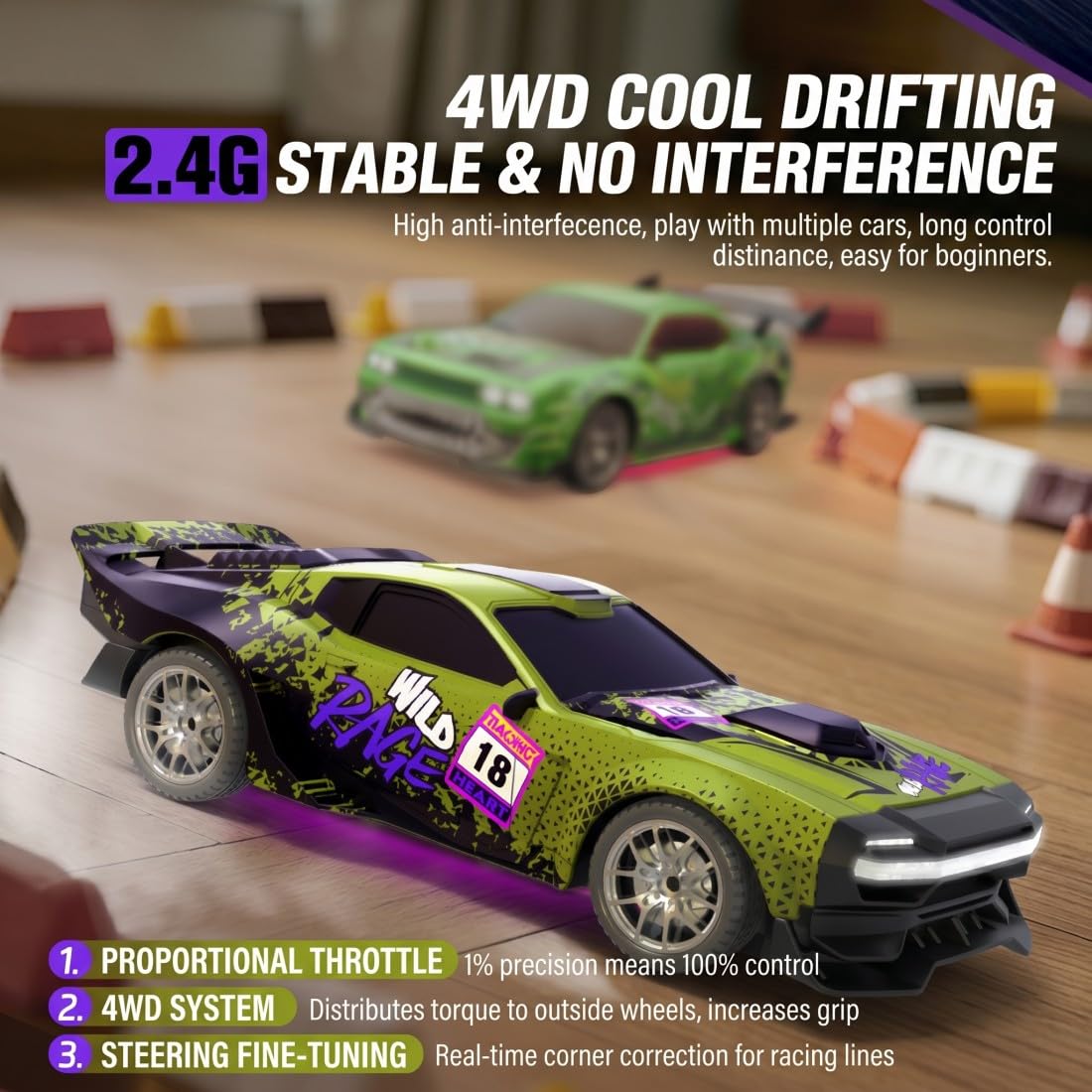 1:24 RC Drift Car 4WD, 2,4GHz Ferngesteuertes Drift Auto mit LED-Lichtern, Drift- & Grip-Reifen Set, Type-C Akku, Graffiti Racing Fahrzeug Modell für Erwachsene