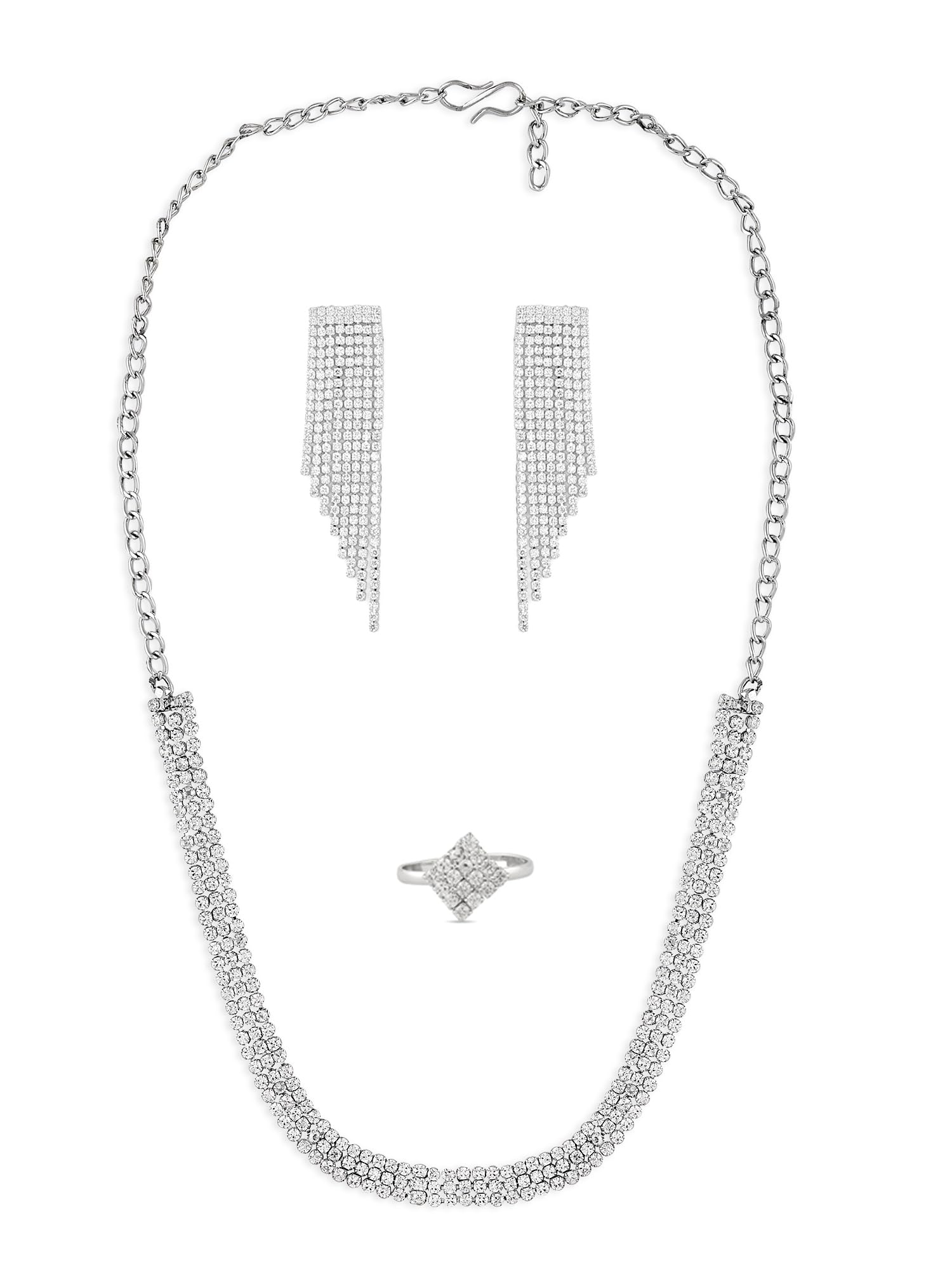 ZAVERI PEARLS Silver Austrian Diamonds Party Bling Necklace Earring & Ring Set For Women-ZPFK16570 (B0CKZCJL4V) Amazon Price History, Amazon Price Tracker