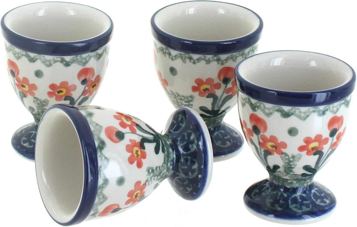 Blue Rose Polish Pottery - Blue Alyce Egg Cup Set - 4 2.25" Tall Egg Cups - Durable Stoneware Cups for Soft or Hard Boiled Eggs