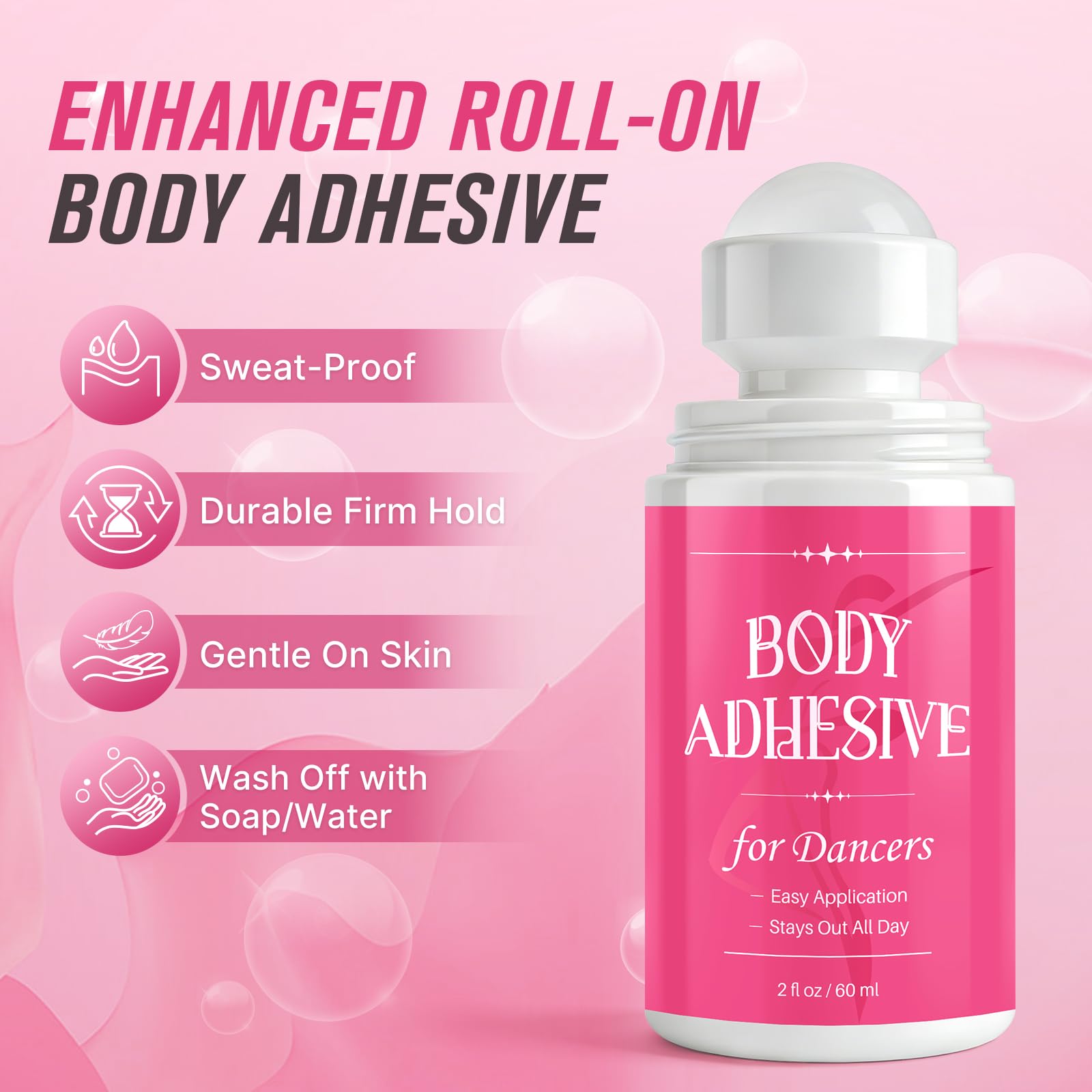 Body Adhesive Roll On for Dancers, 2 oz Sweat Resistant, Water Wash Off - Strong Fashion Glue for Dancers, Socks, Leotards, Wigs, Costumes, Residue Free & Non-Toxic，1 Pcs - 3