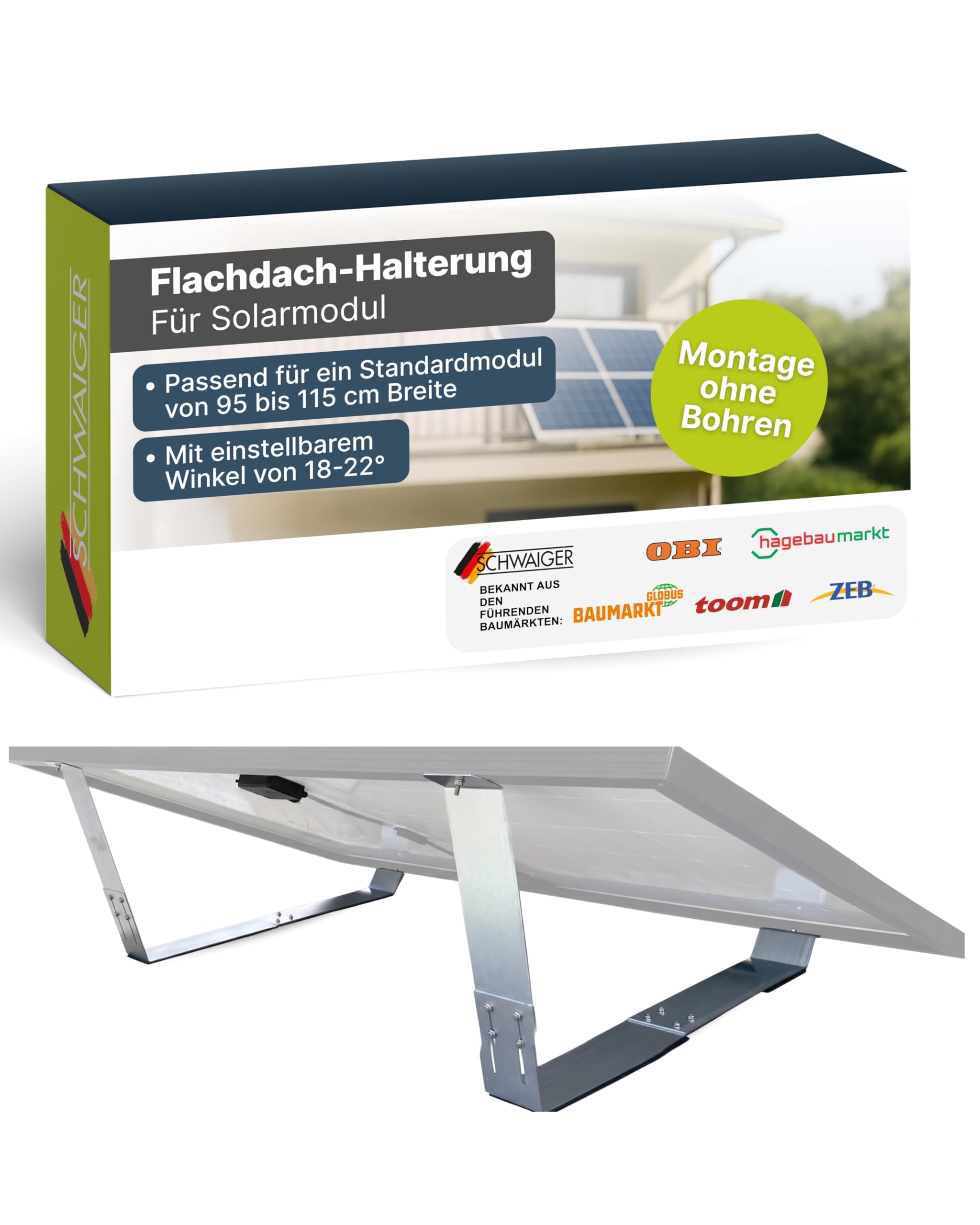 SCHWAIGER Flachdach-Halterung für Solarmodul I Solarpanel PV Aufständerung ohne Bohren I Flexible Befestigung mit einstellbarem Neigungswinkel von 18-22° I Photovoltaik-Befestigung aus robustem Stahl