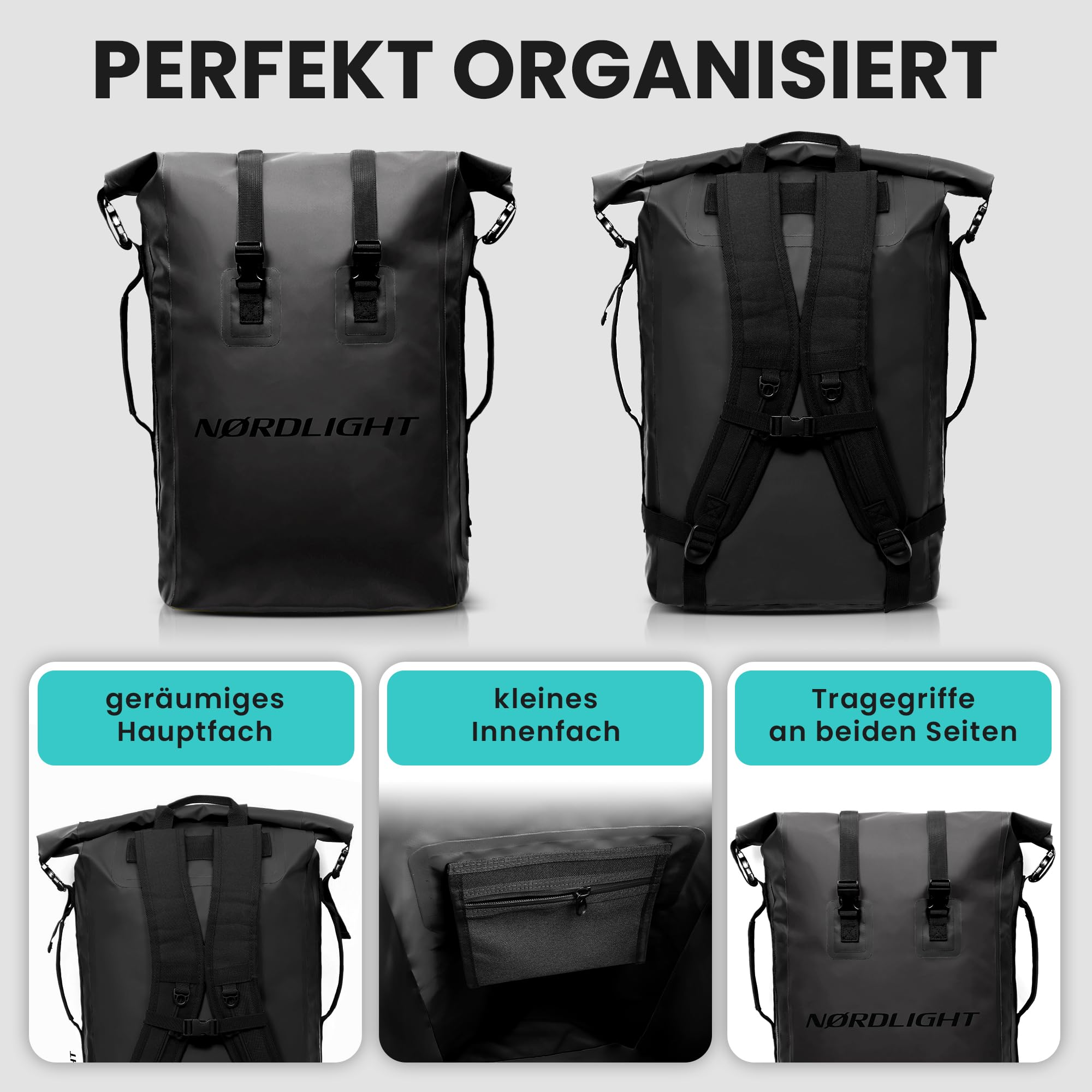 Nordlight Wasserdichter Rucksack Dry Bag 35l - Roll Top Rucksack mit gepolstertem Tragegurt, wasserdichte Tasche für Wassersport, Fahrrad Rucksack, Kurierrucksack, Trekking, Angeln