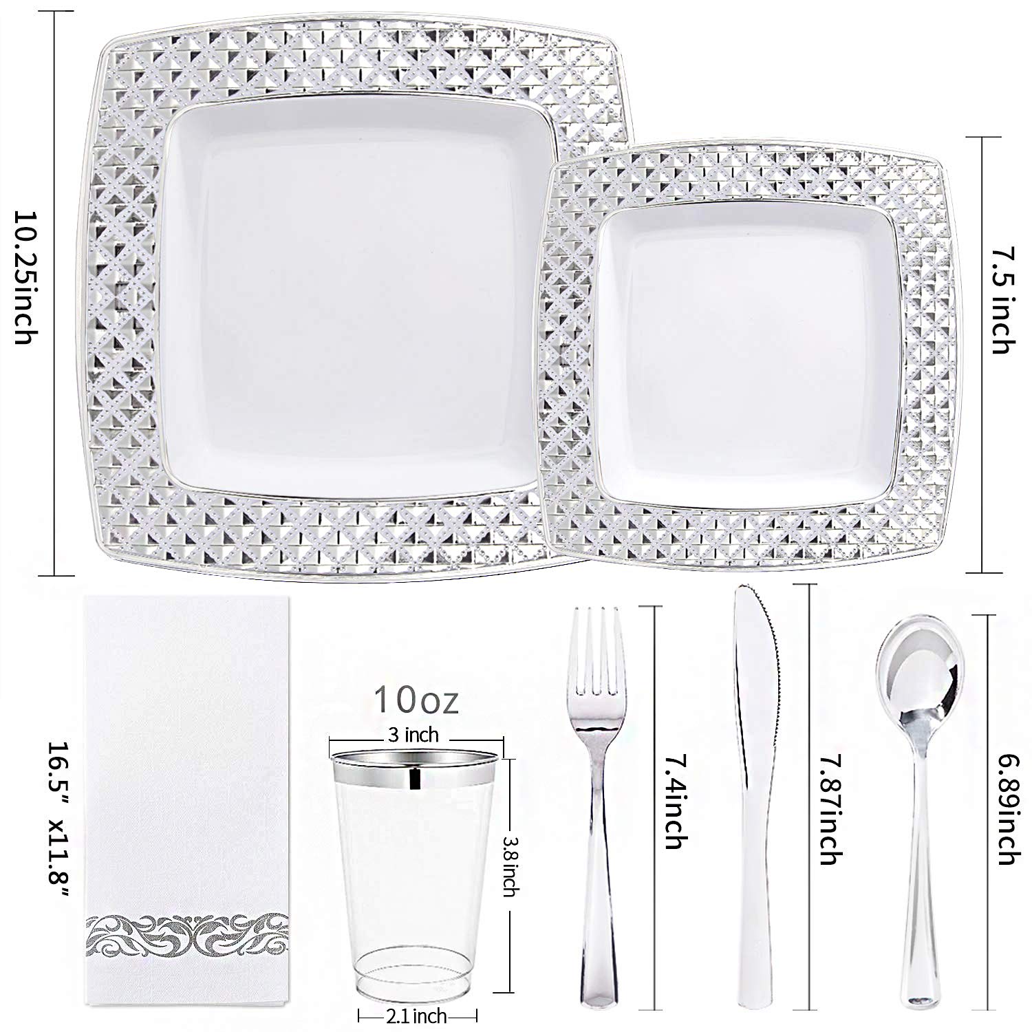 I00000 175PCS Silver Plastic Square Plates with Disposable Silverware