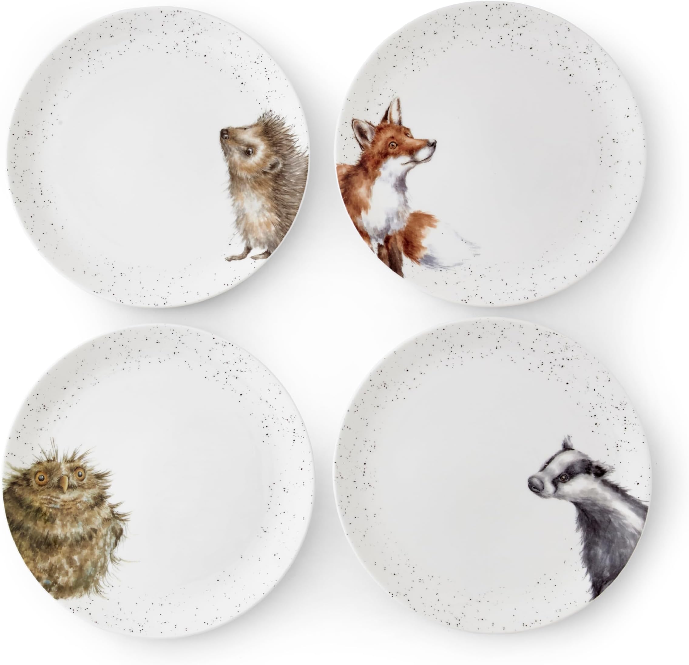 Royal Worcester x Wrendale Designs Set of 4 Assorted Coupe Plates - Fine Bone China Dinner Plates Featuring Charming Animal Designs Including a Badger, Hedgehog, Fox, and Owl, 26cm