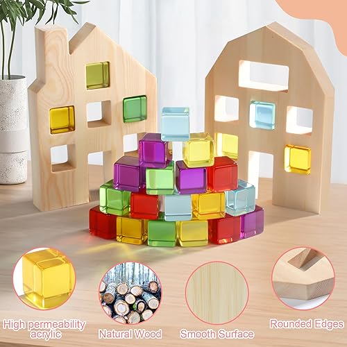 Miniatura 6 de Juego de bloques de construcción de madera para niños, 24 piezas de cubos de gemas de arco iris apilables con 2 casas de madera, juguetes Montessori