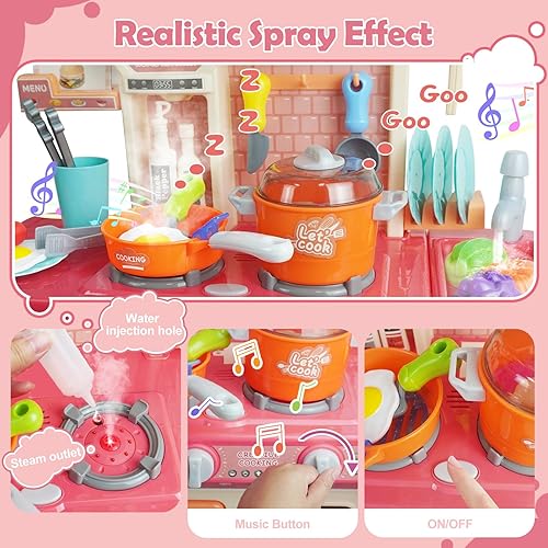 Miniatura 4 de RedCrab Juguetes de cocina para niños, simulan mini cocina con luz fría y sonido de cocina, juguetes de comida y accesorios de cocina, asistente de