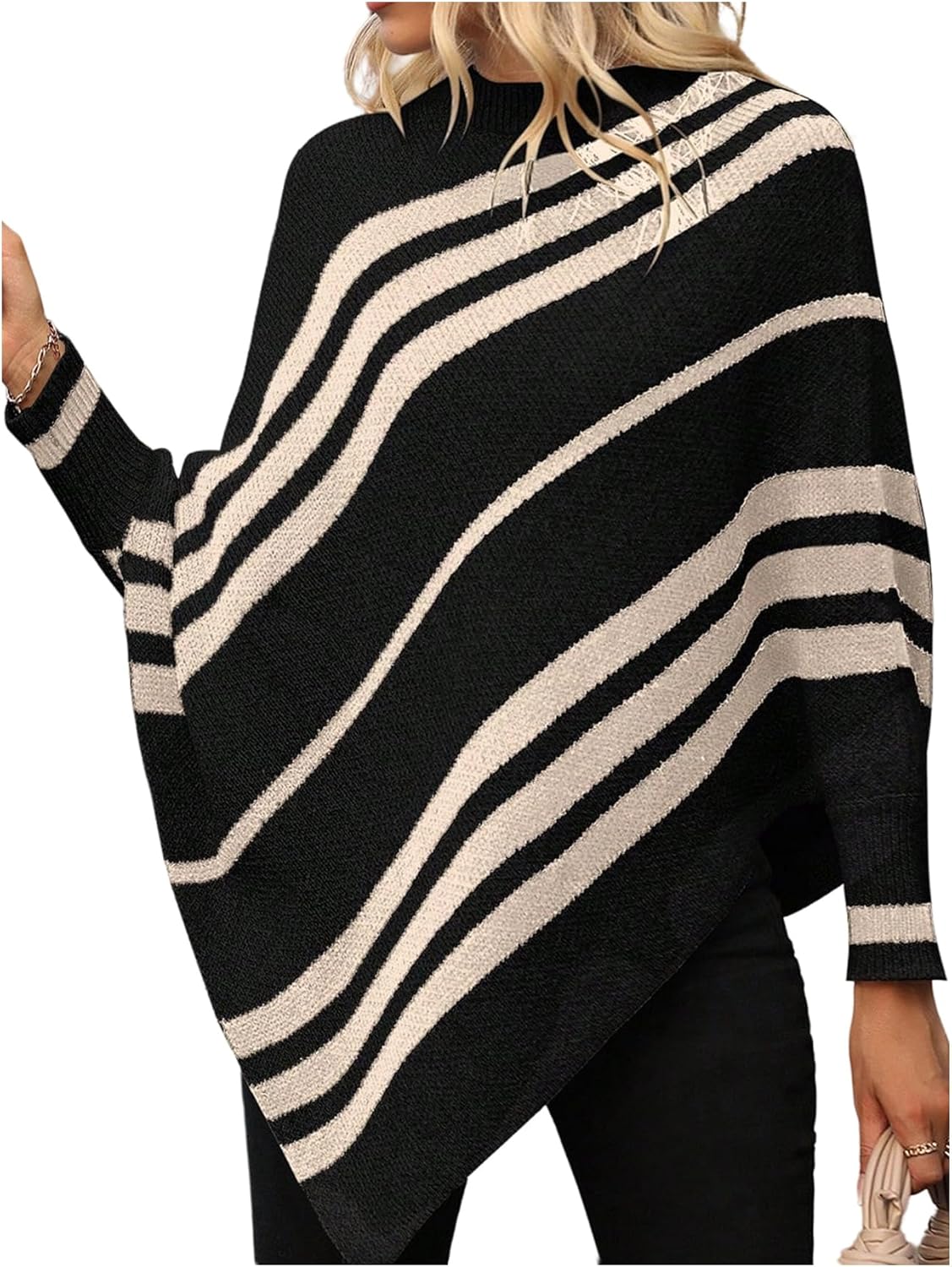 Milumia Women's Striped Mock Neck Knitted Poncho Sweater Dolman Long Sleeve Loose Tops